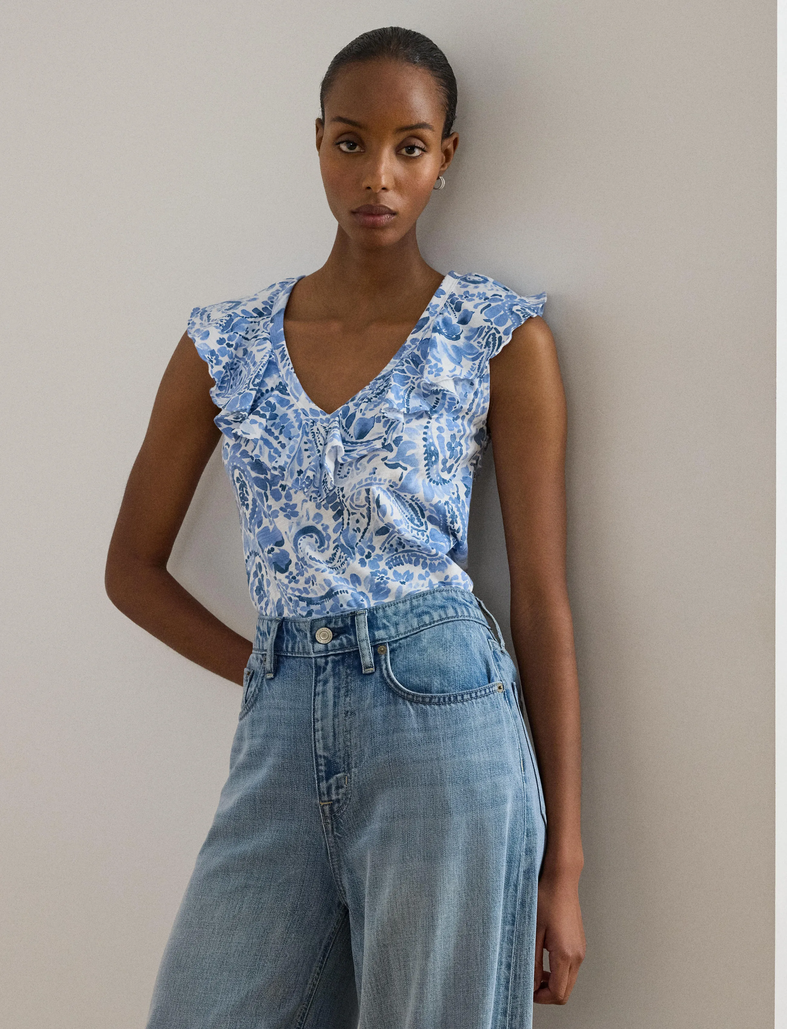 Lauren Ralph Lauren FRESH CTN SLUB JRSY-KNT-PULLOVER - Mouwloze tops - WHITE/BLUE / blue