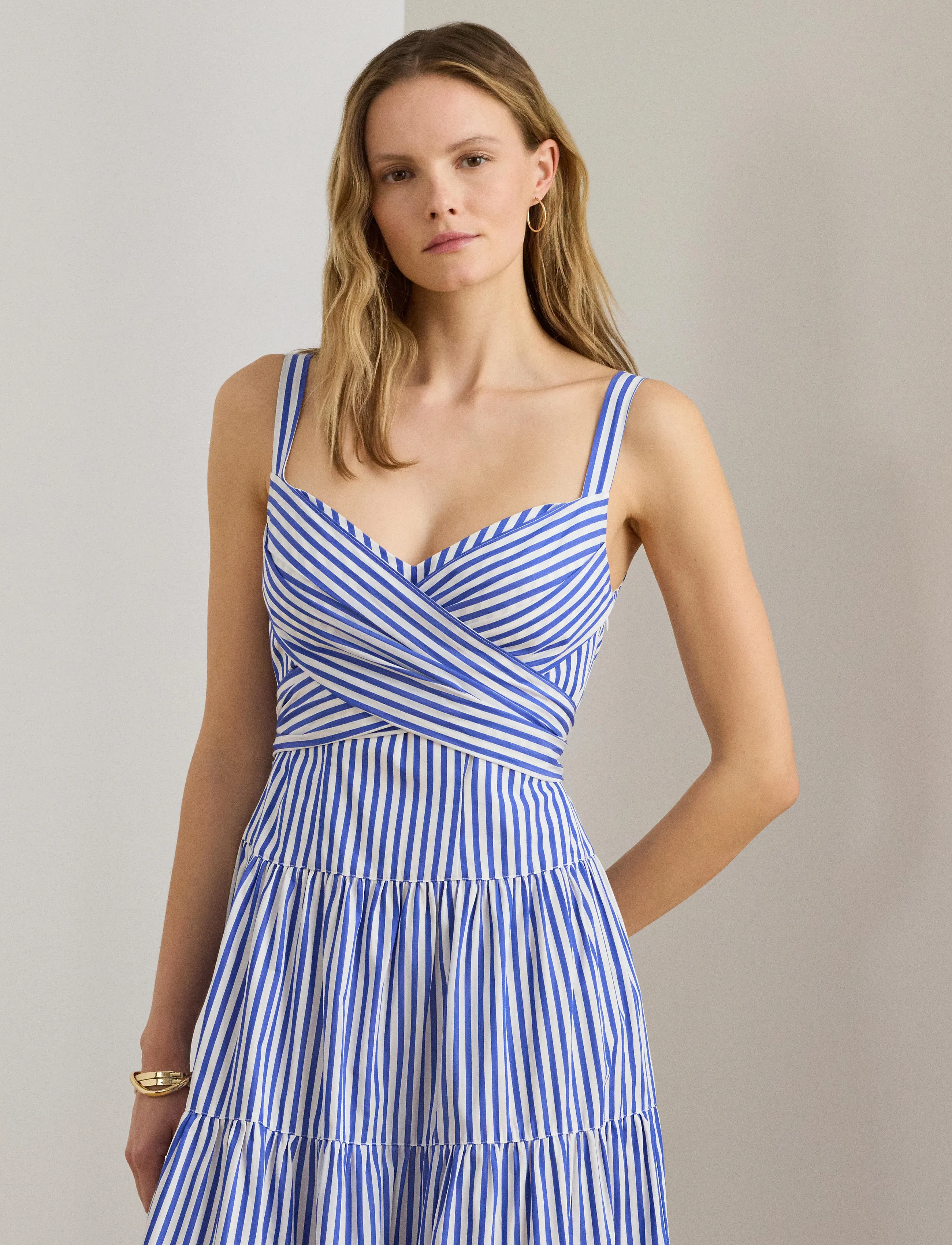 Lauren Ralph Lauren - Striped Belted Broadcloth Tiered Dress - blue/white - 3