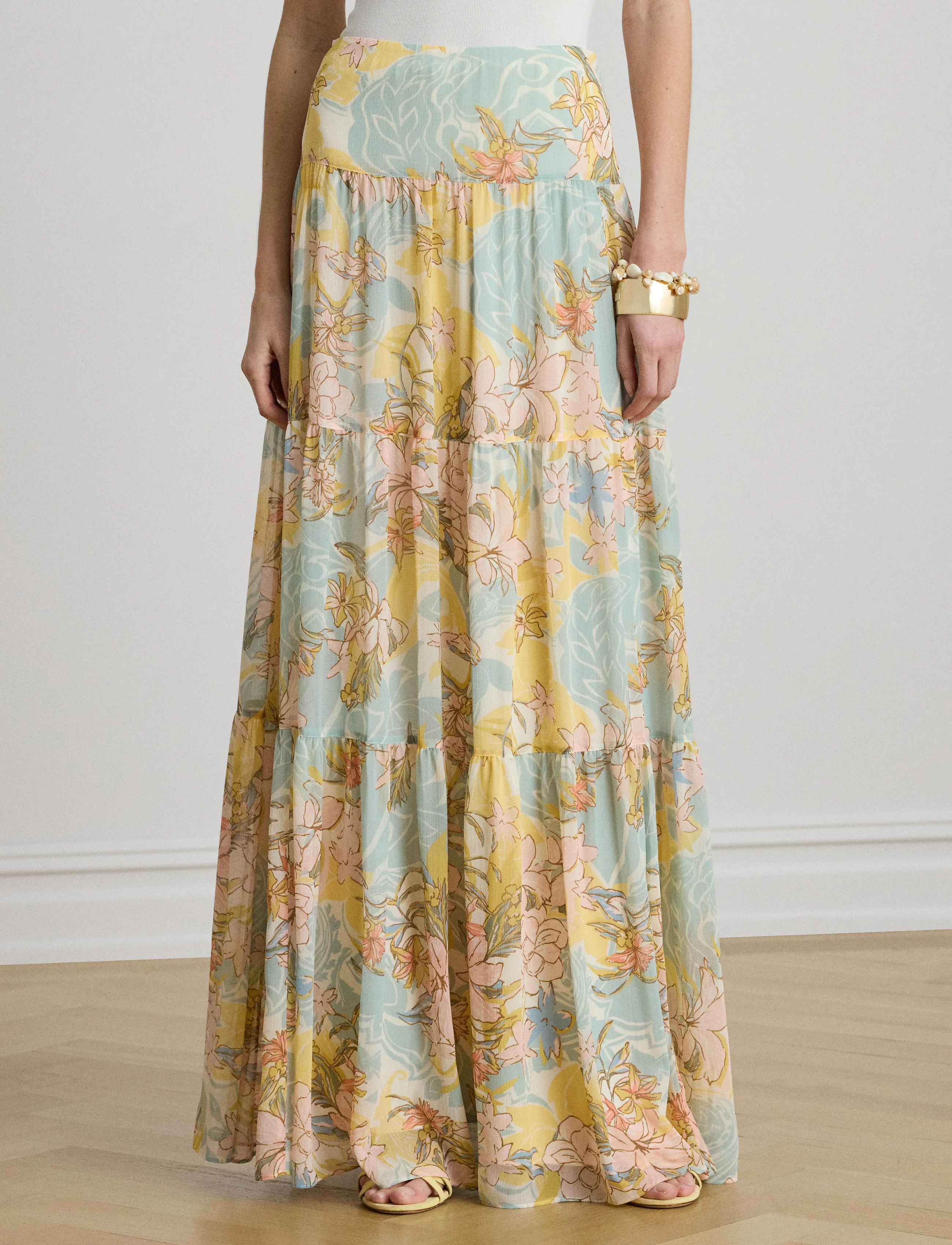 Lauren Ralph Lauren POLY CRINKLE GGT 58-WVN-SKIRT - Maxikjolar - CREAM/BLUE MULTI / blue