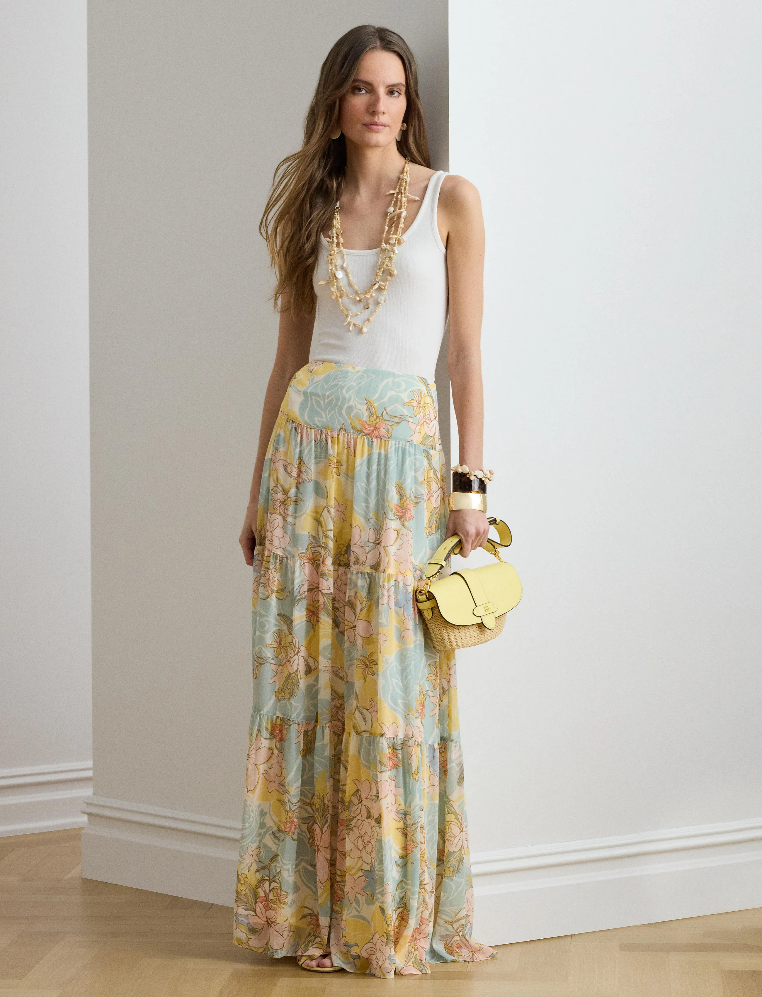 Lauren Ralph Lauren - POLY CRINKLE GGT 58-WVN-SKIRT - maxikjolar - cream/blue multi - 2