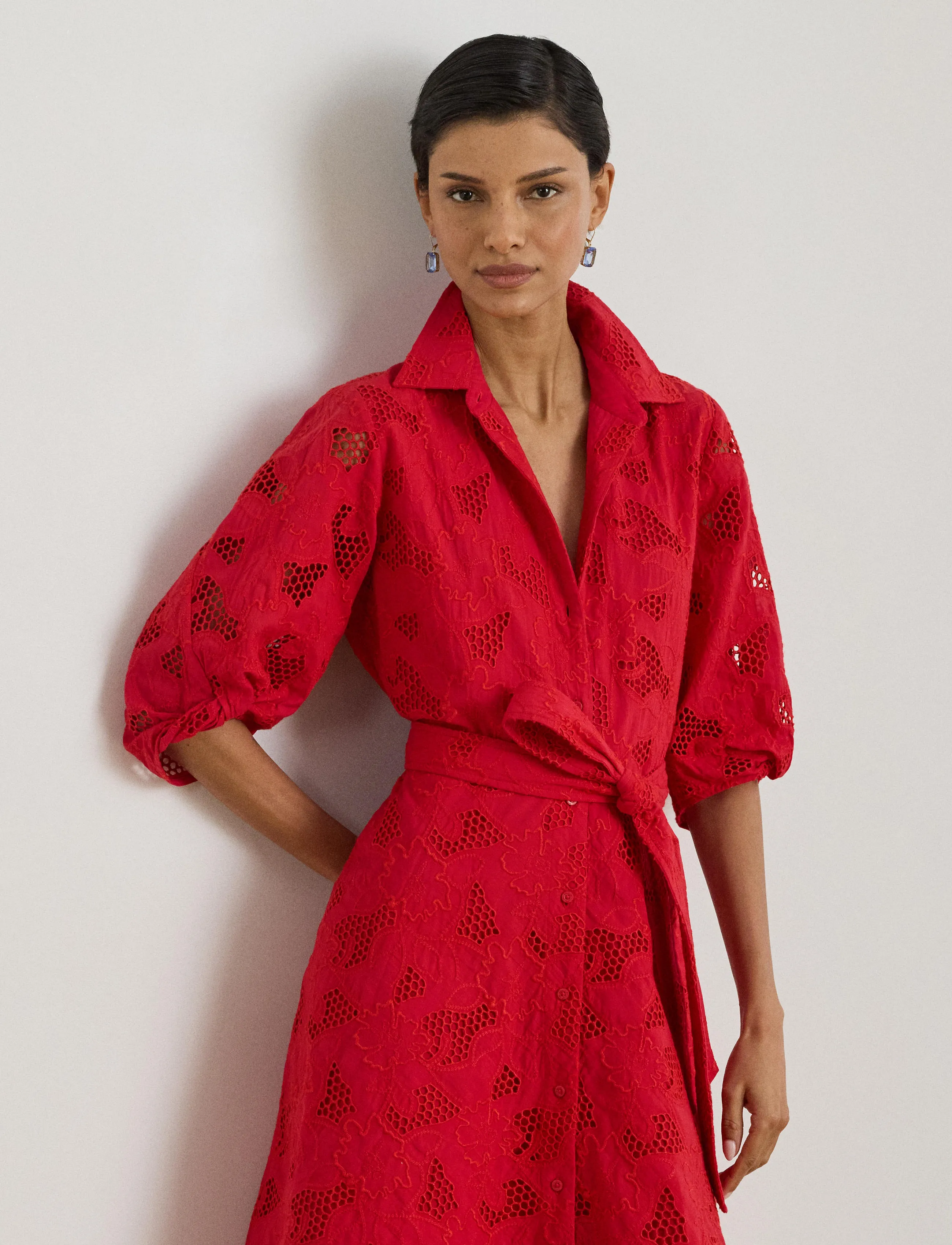 Lauren Ralph Lauren Eyelet Voile Balloon-Sleeve Shirtdress - Lace Dresses - CRUISE RED / red