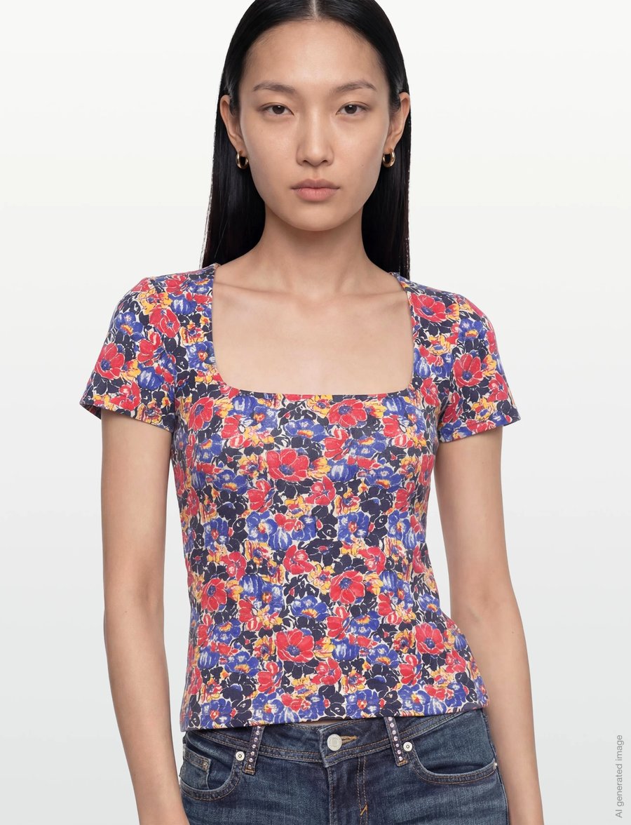 Lauren Ralph Lauren - Floral Cotton Jersey Square-Neck Top - t-shirts - cream/red/blue - 3