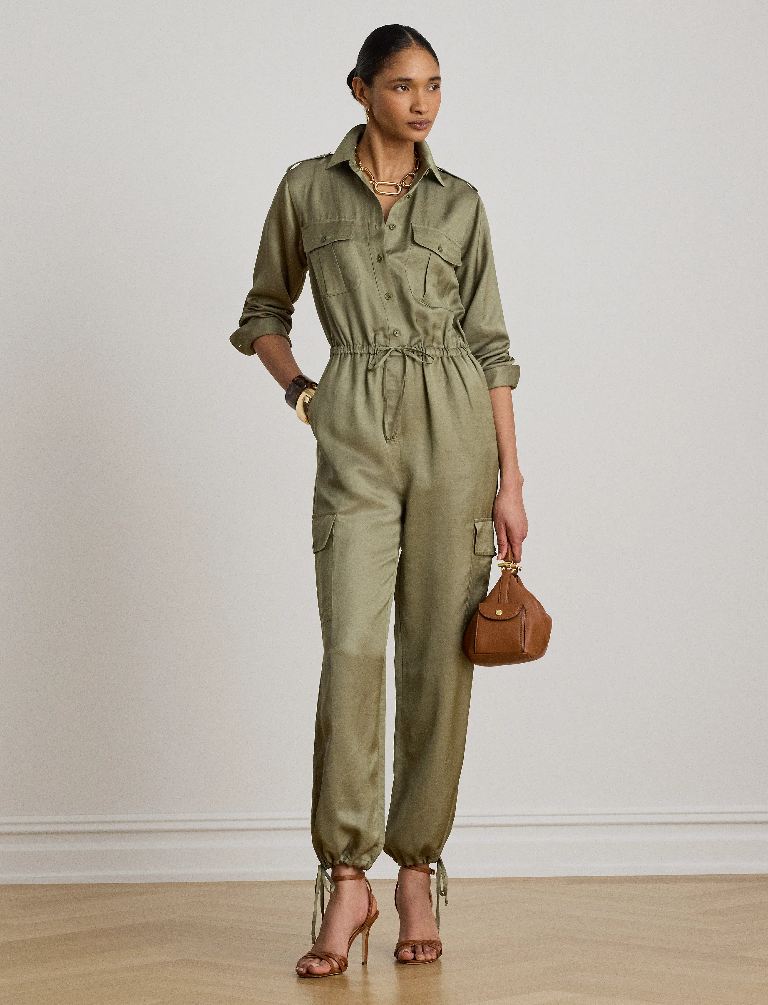 Lauren Ralph Lauren Shantung Cargo Jumpsuit - Jumpsuits - LIGHT AGAVE / khaki/green
