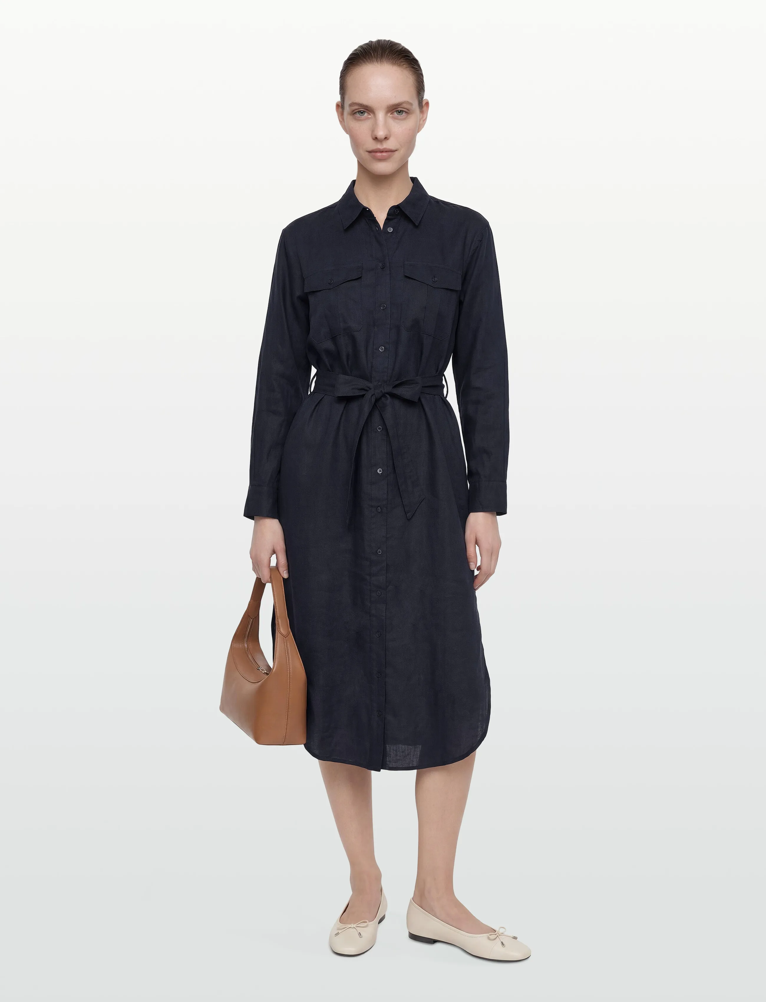 Lauren Ralph Lauren Soft Drapey Linen-Wvn-Dresses, Kvinder, Bælte Skjortekjole, Navy, Str: 32