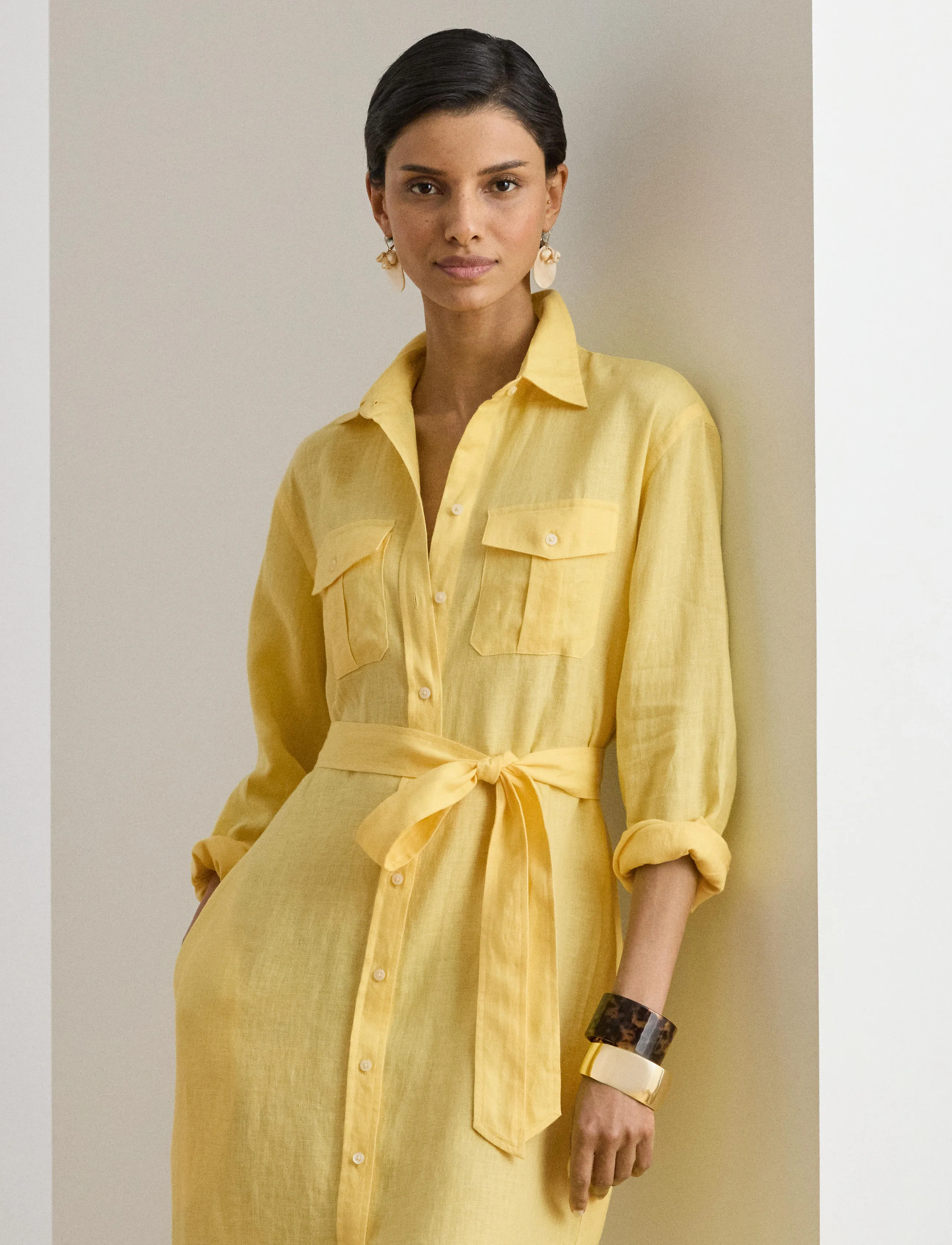 Lauren Ralph Lauren Soft Drapey Linen-Wvn-Dresses, Kvinder, Bælte Skjortekjole, Gul, Str: 34