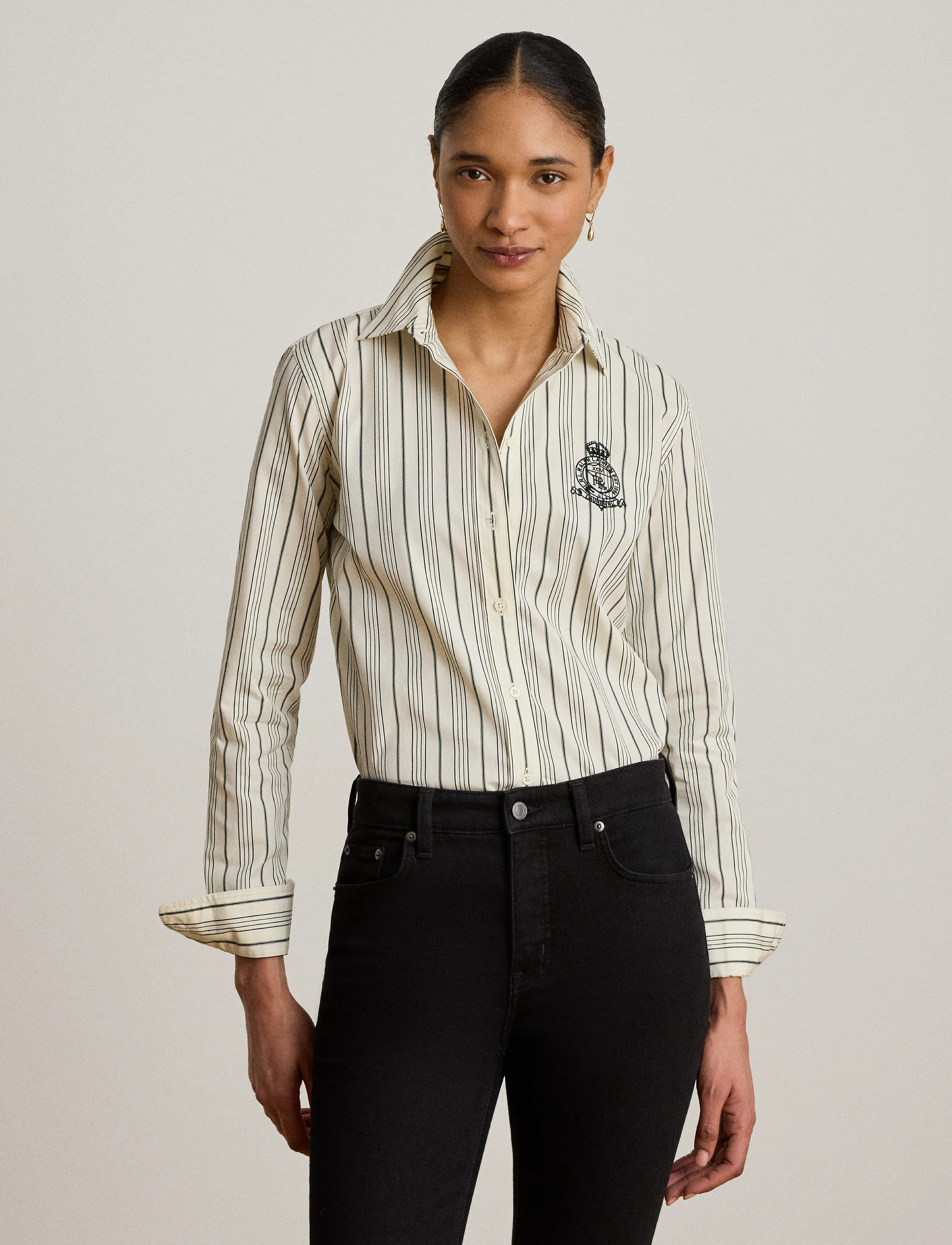 Lauren Ralph Lauren Classic Fit Striped Cotton Dobby Shirt - Riided - CREAM/BLACK / cream