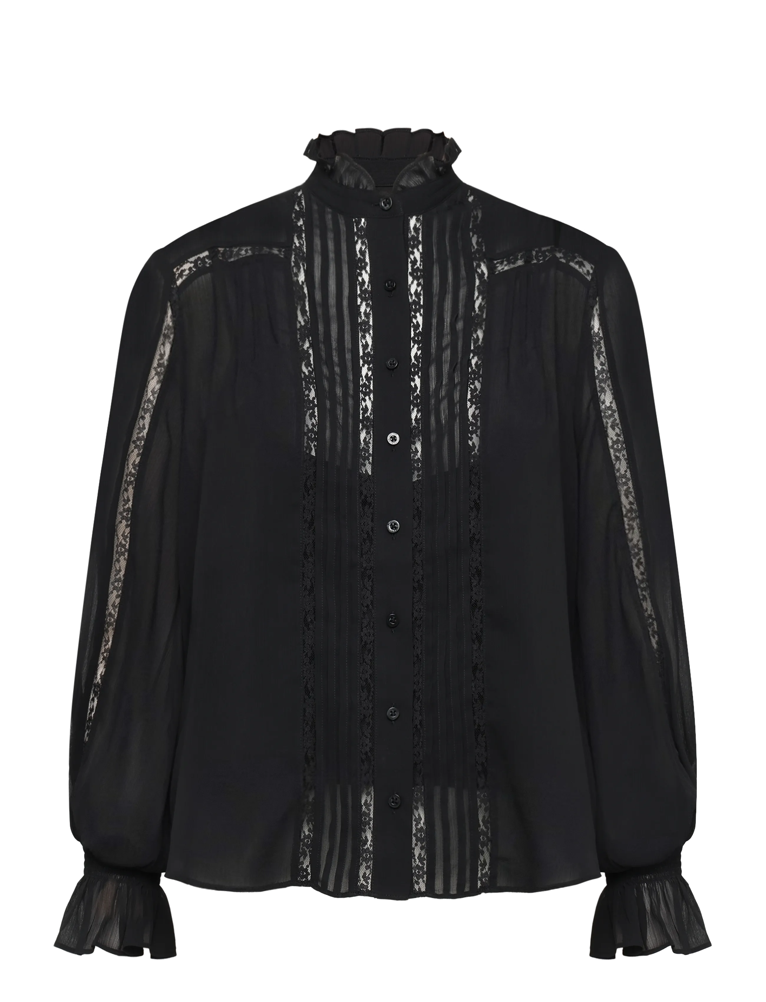 Lauren Ralph Lauren - Lace-Trim Crinkle Georgette Blouse - blūzes ar garām piedurknēm - black - 1