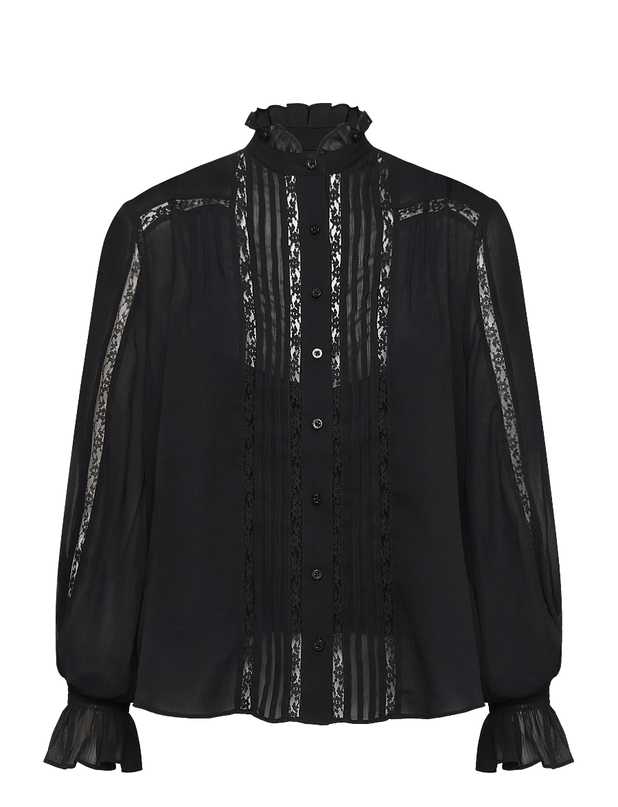 Lauren Ralph Lauren - Lace-Trim Crinkle Georgette Blouse - blūzes ar garām piedurknēm - black - 1