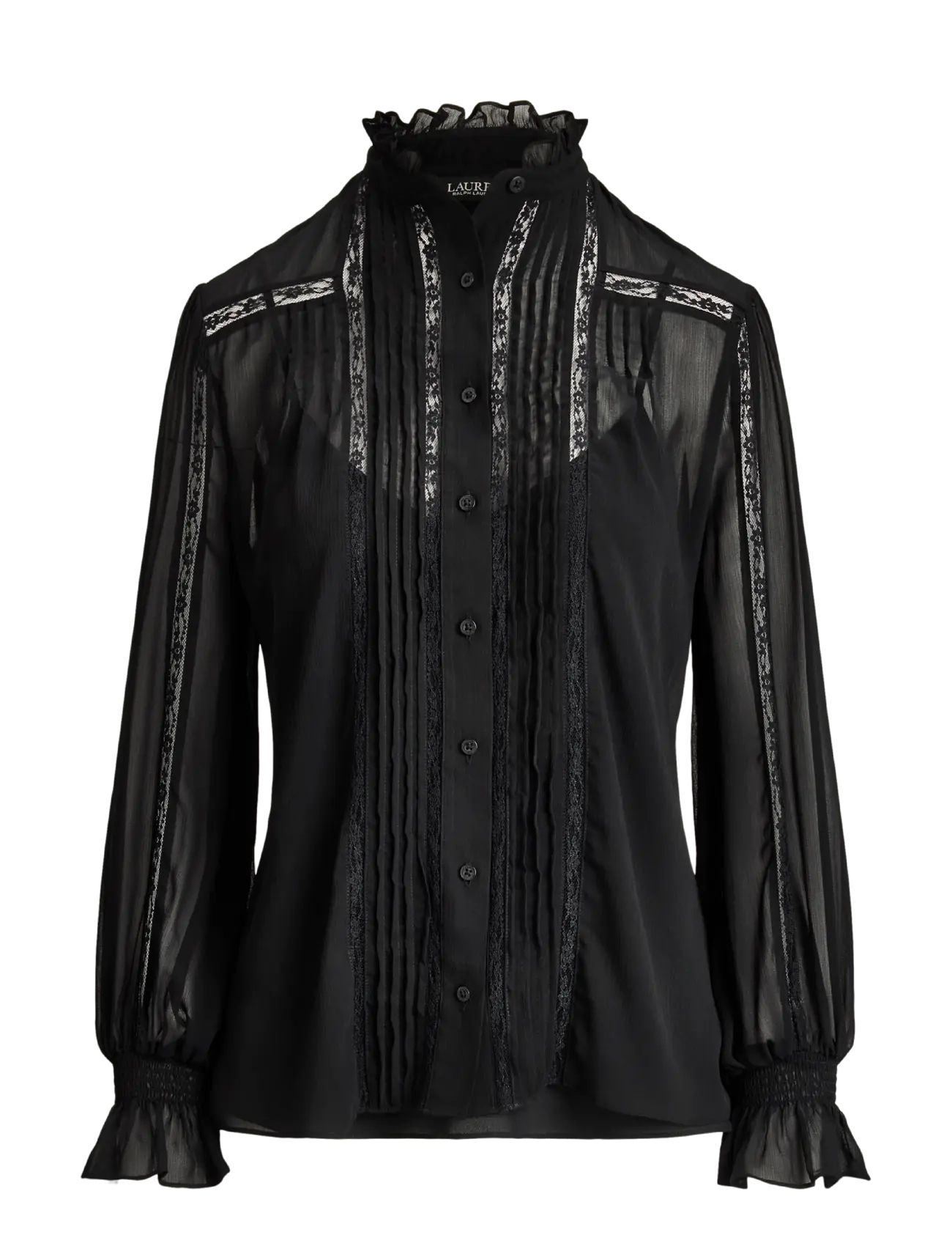 Lauren Ralph Lauren Lace-Trim Crinkle Georgette Blouse - Transitional Layering - BLACK / black