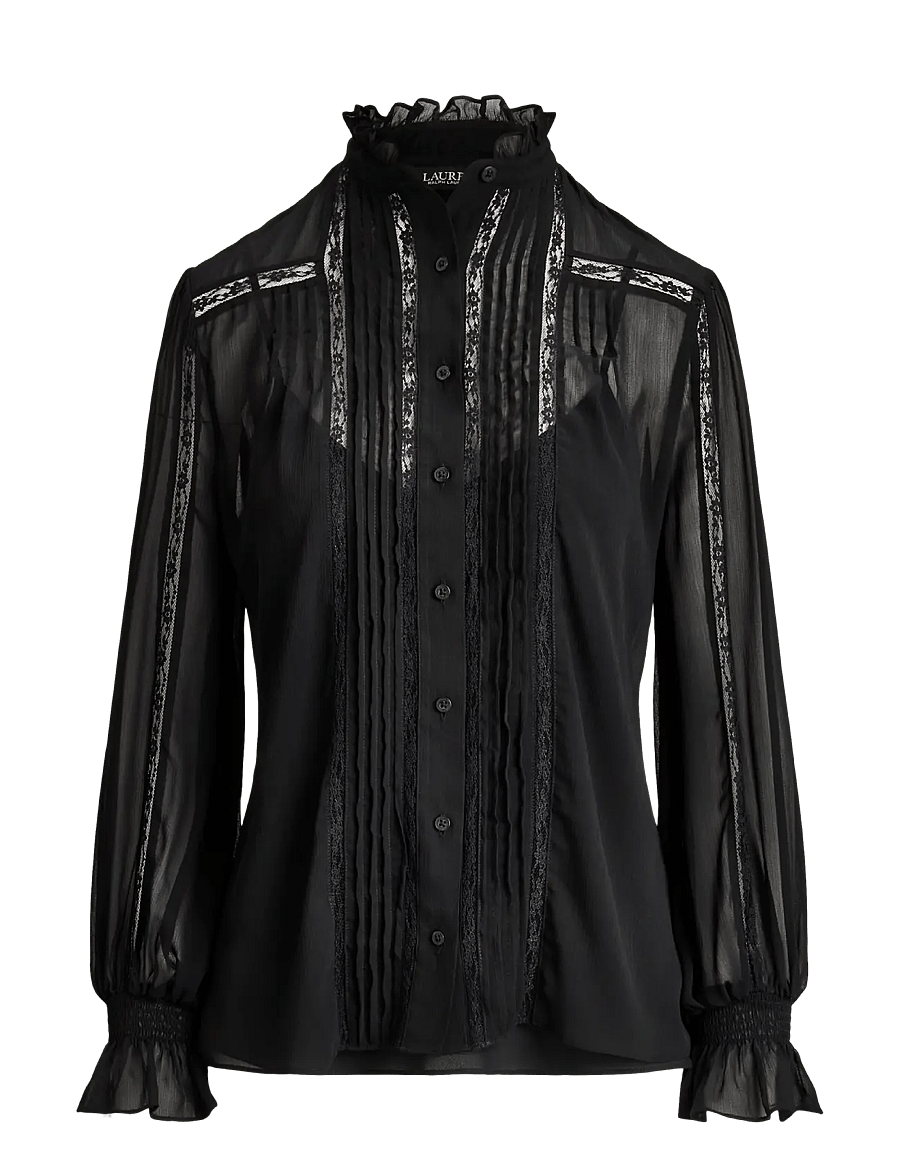 Lauren Ralph Lauren - Lace-Trim Crinkle Georgette Blouse - langærmede bluser - black - 1