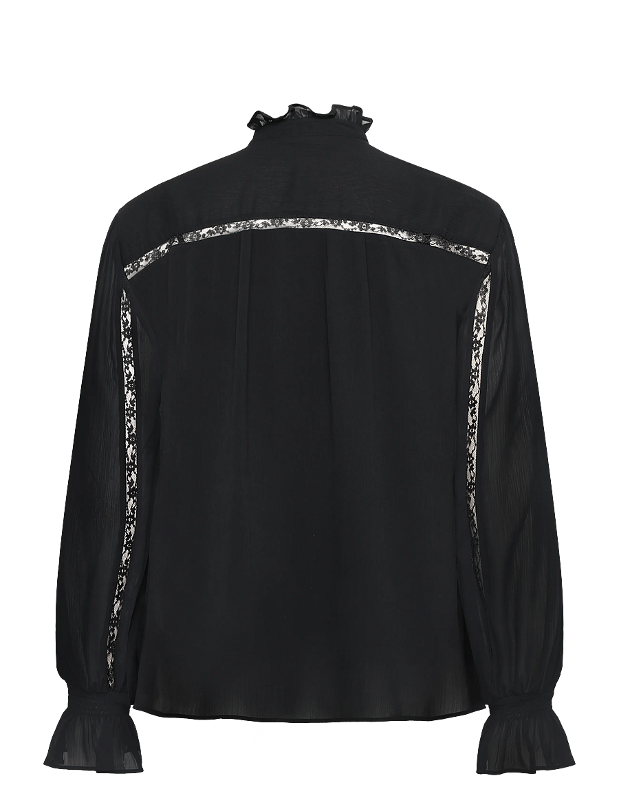 Lauren Ralph Lauren - Lace-Trim Crinkle Georgette Blouse - blūzes ar garām piedurknēm - black - 2