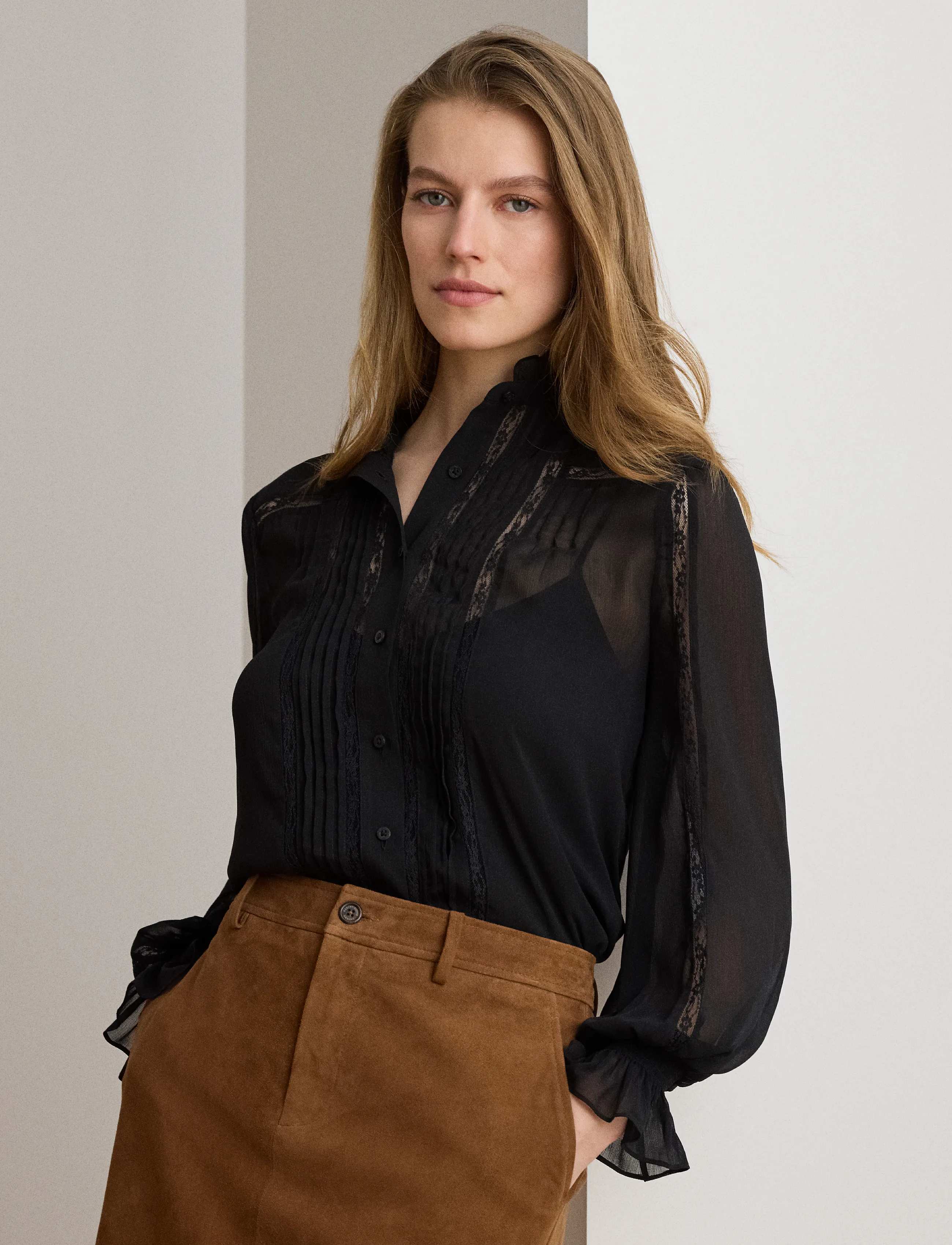 Lauren Ralph Lauren Lace-Trim Crinkle Georgette Blouse, M, Black, Bluser > Langærmede, Dame