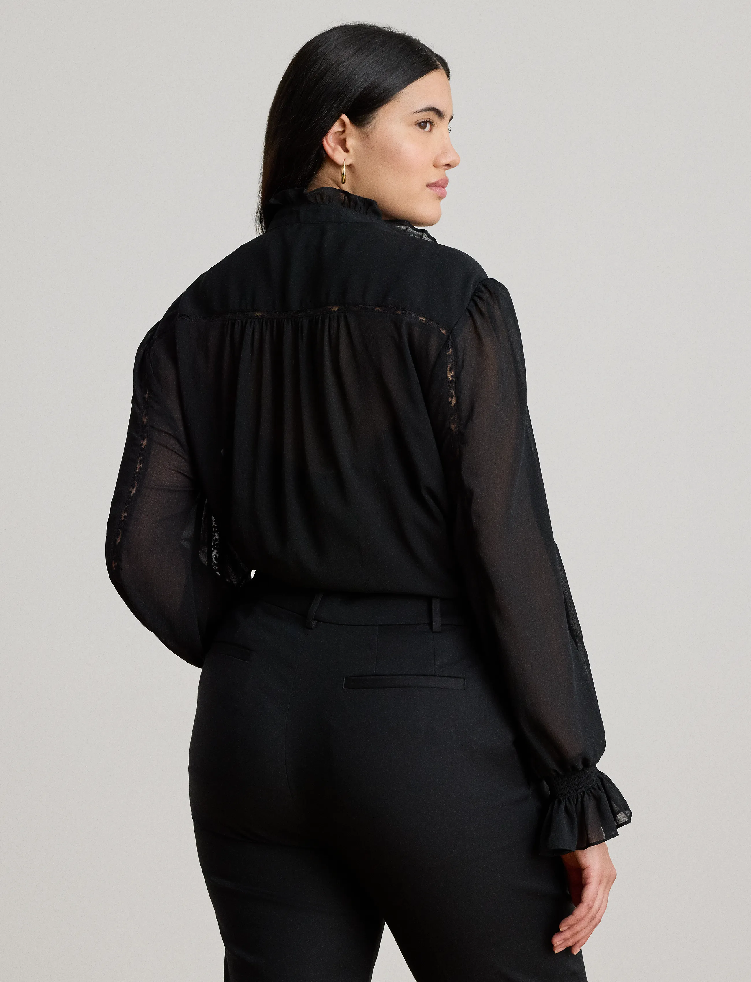 Lauren Ralph Lauren - Lace-Trim Crinkle Georgette Blouse - langærmede bluser - black - 2
