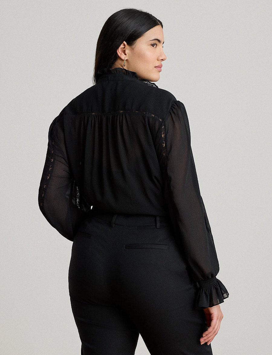 Lauren Ralph Lauren - Lace-Trim Crinkle Georgette Blouse - langærmede bluser - black - 2