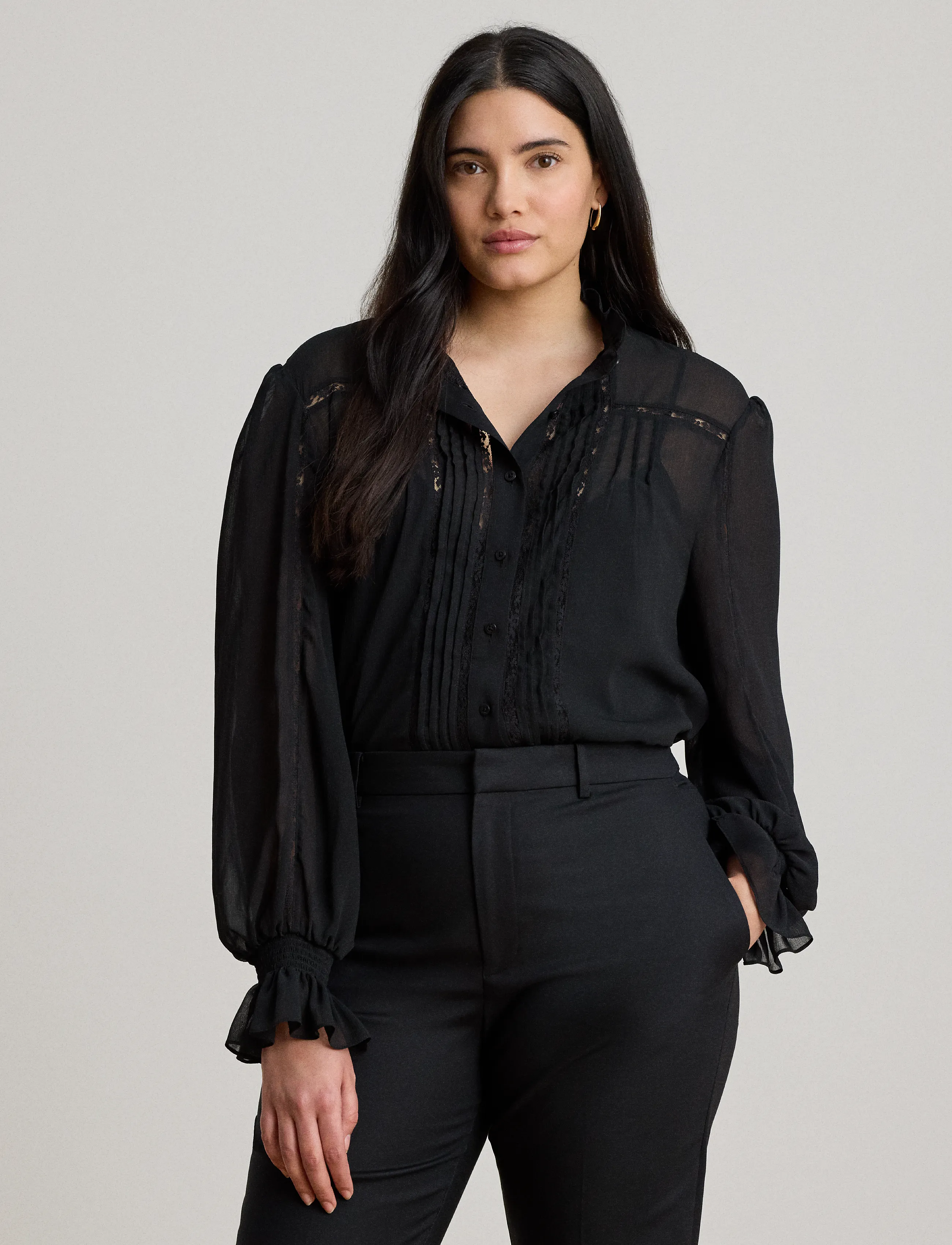 Lauren Ralph Lauren - Lace-Trim Crinkle Georgette Blouse - langærmede bluser - black - 3