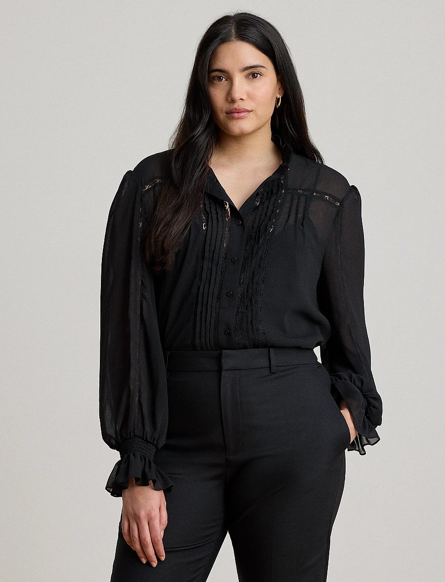 Lauren Ralph Lauren - Lace-Trim Crinkle Georgette Blouse - langærmede bluser - black - 3