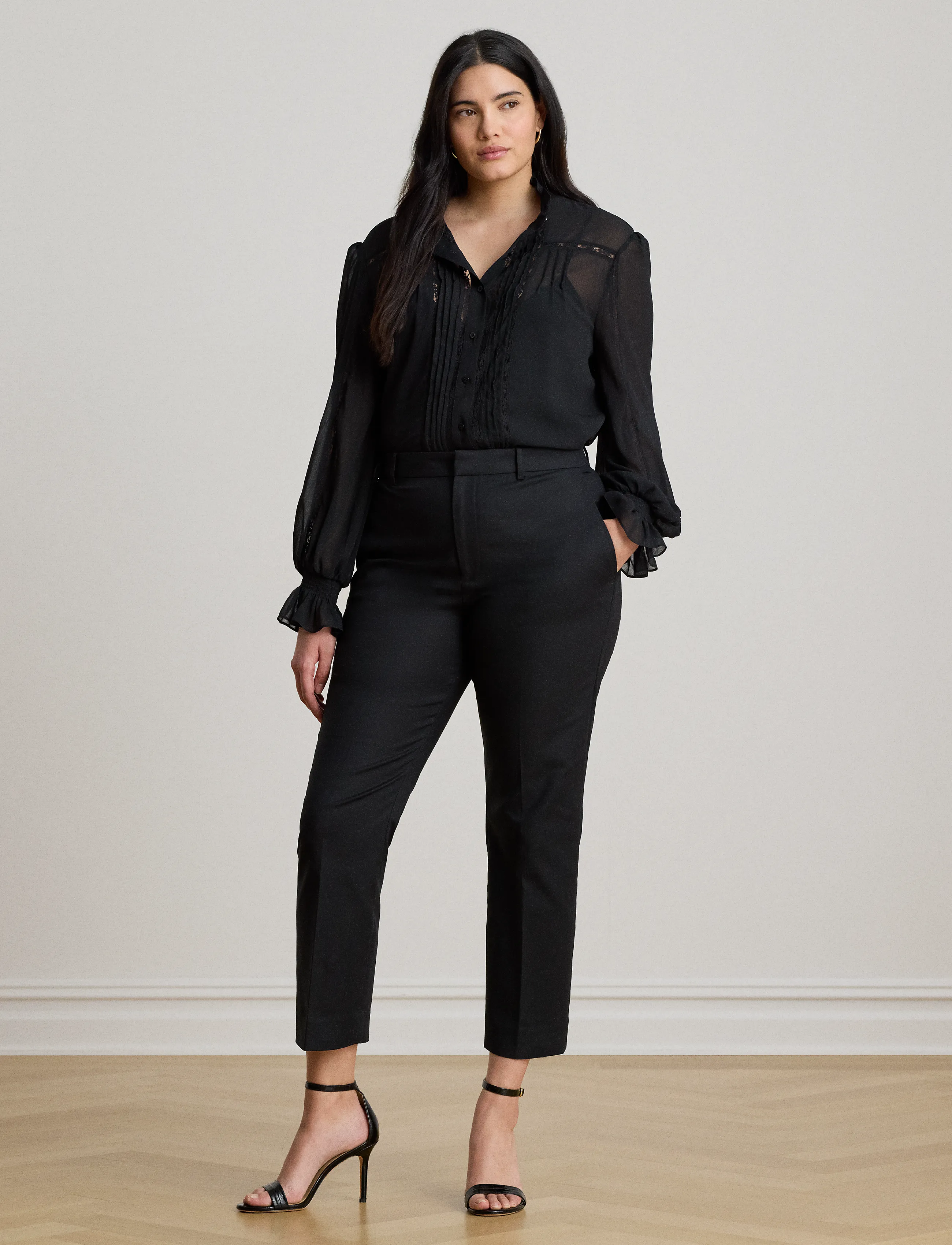Lauren Ralph Lauren - Lace-Trim Crinkle Georgette Blouse - langærmede bluser - black - 4