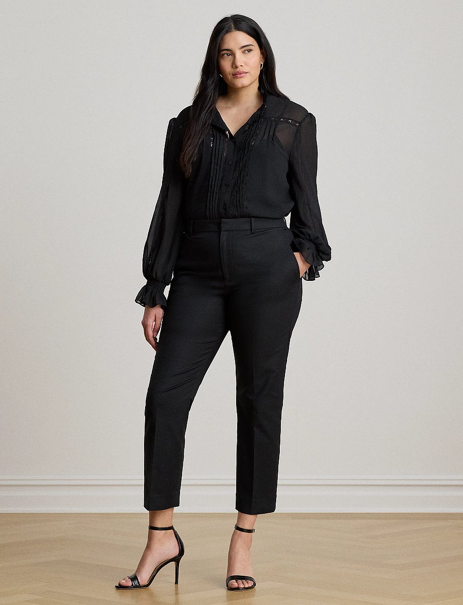 Lauren Ralph Lauren - Lace-Trim Crinkle Georgette Blouse - langærmede bluser - black - 4