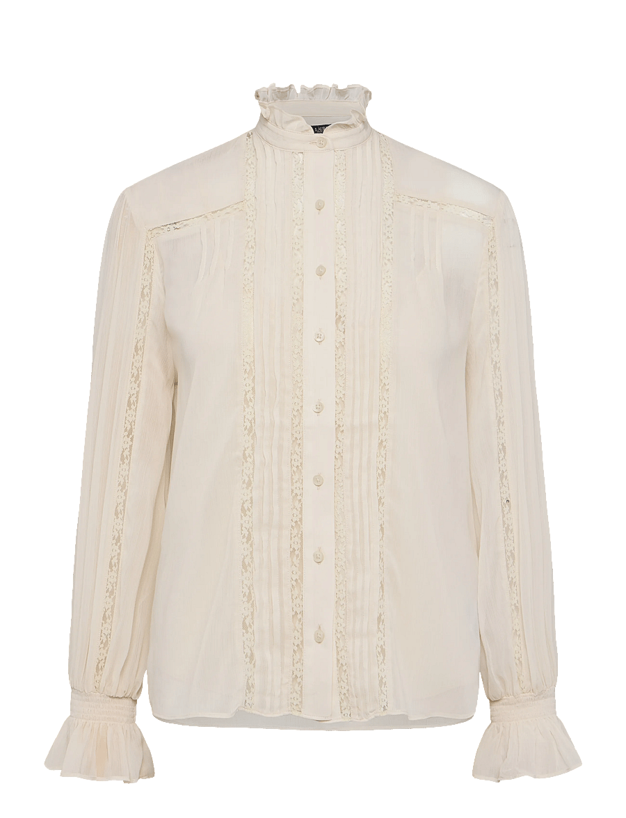 Lauren Ralph Lauren - Lace-Trim Crinkle Georgette Blouse - langärmelige blusen - mascarpone cream - 1