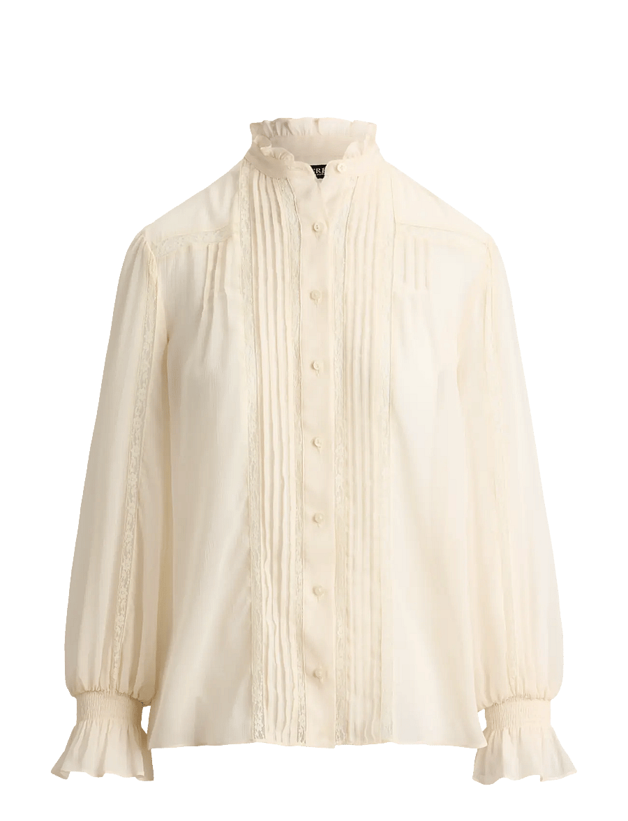 Lauren Ralph Lauren - Lace-Trim Crinkle Georgette Blouse - langärmelige blusen - mascarpone cream - 1