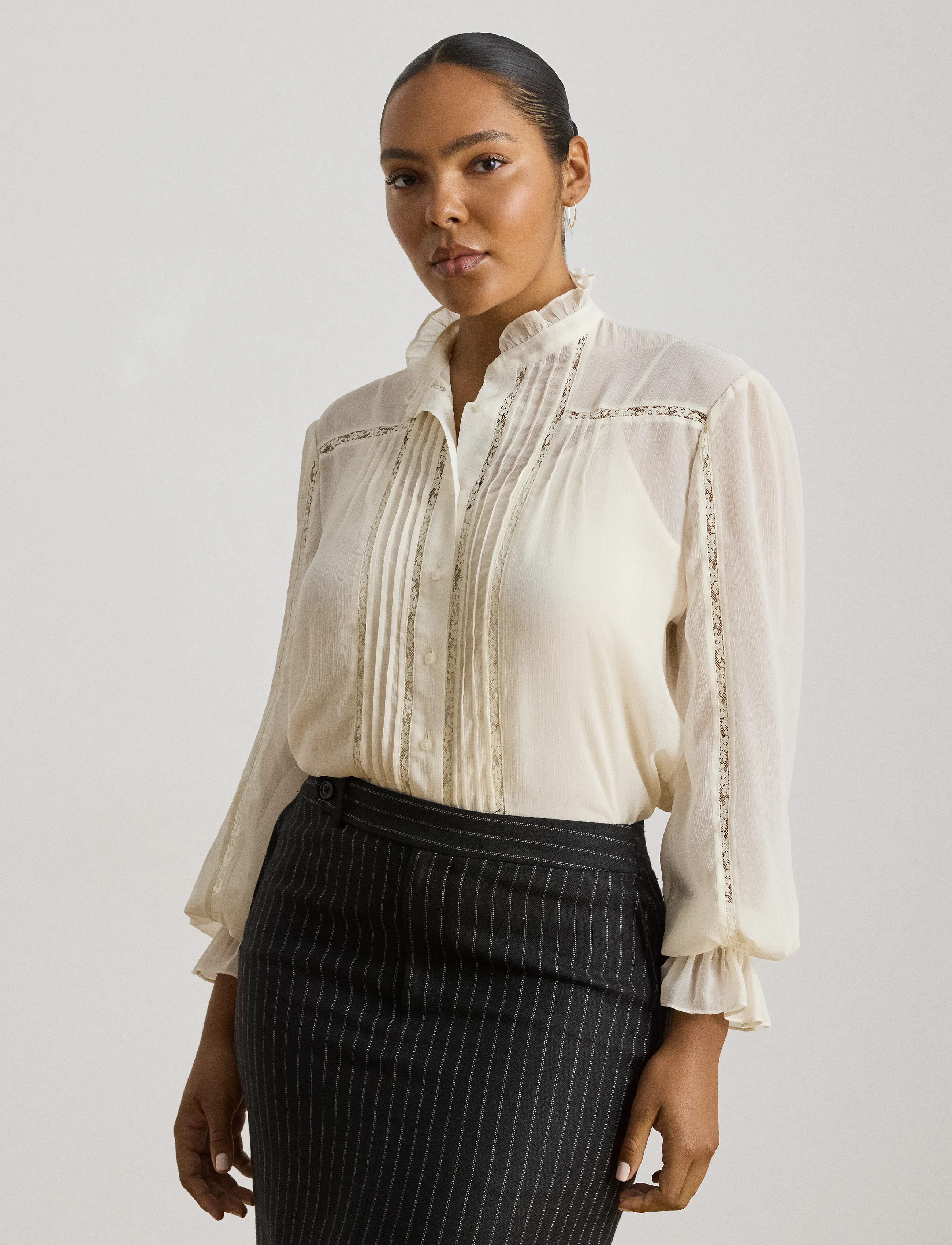 Lauren Ralph Lauren Lace-Trim Crinkle Georgette Blouse, S, Cream, Bluser > Langærmede, Dame