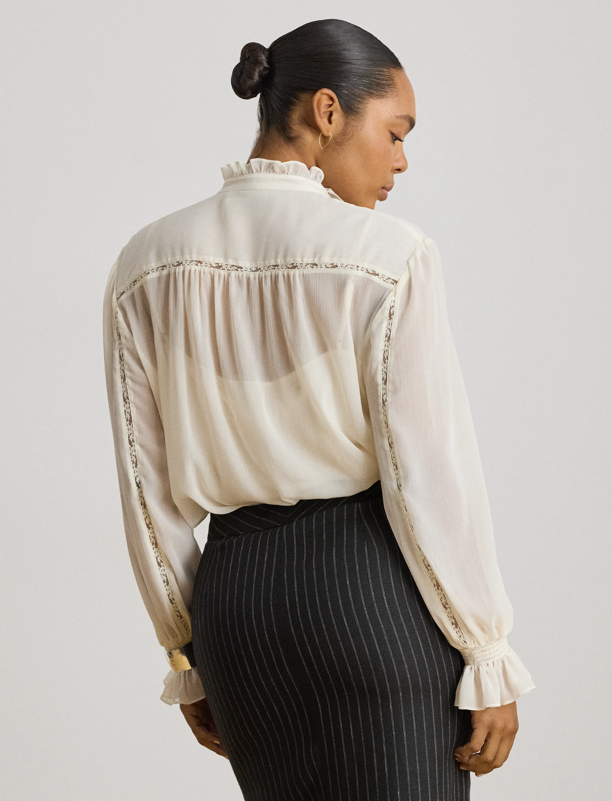 Lauren Ralph Lauren - Lace-Trim Crinkle Georgette Blouse - langärmelige blusen - mascarpone cream - 2