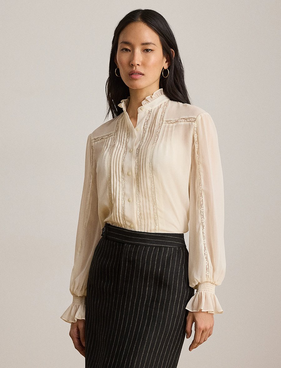 Lauren Ralph Lauren - Lace-Trim Crinkle Georgette Blouse - langärmelige blusen - mascarpone cream - 3