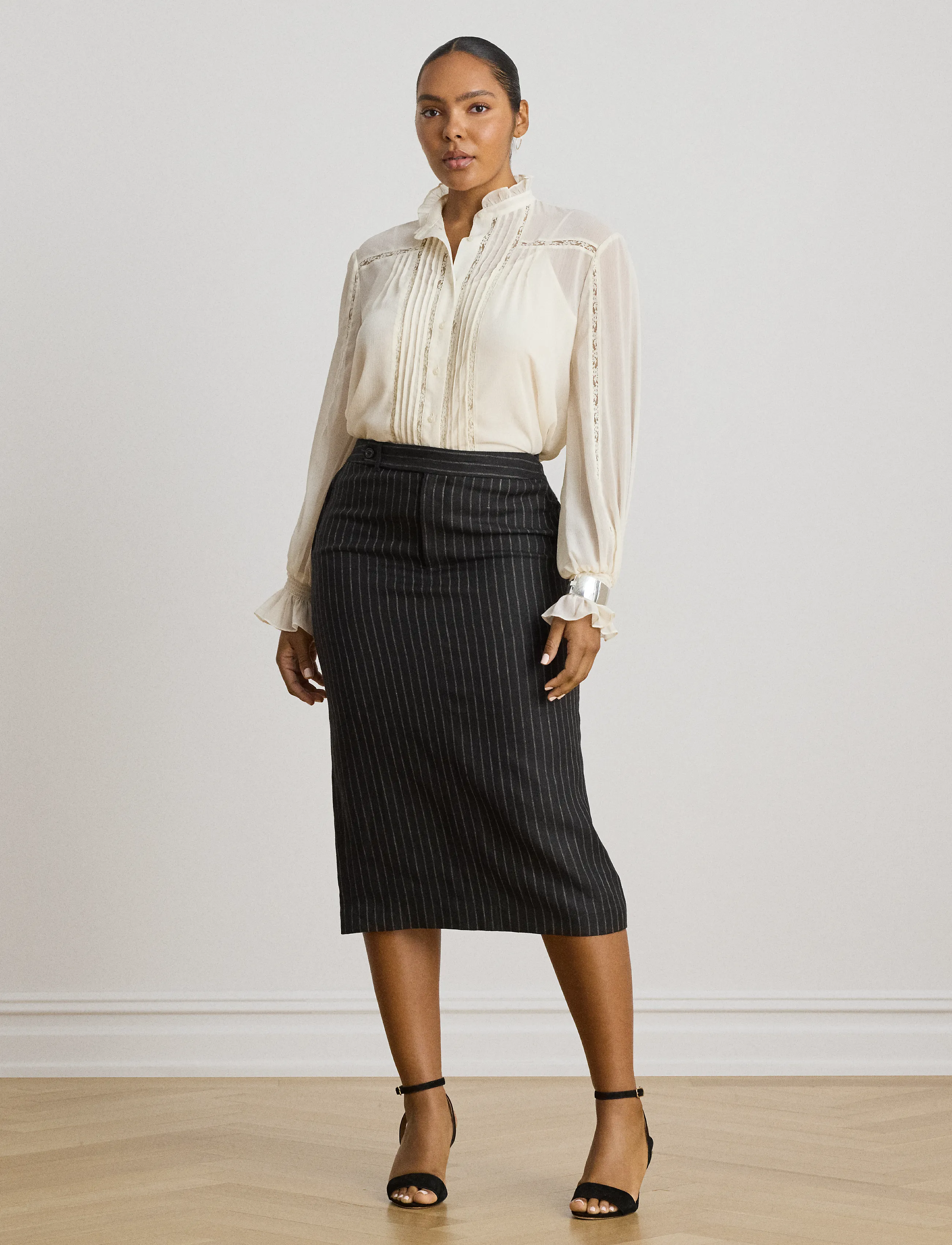 Lauren Ralph Lauren - Lace-Trim Crinkle Georgette Blouse - langärmelige blusen - mascarpone cream - 4