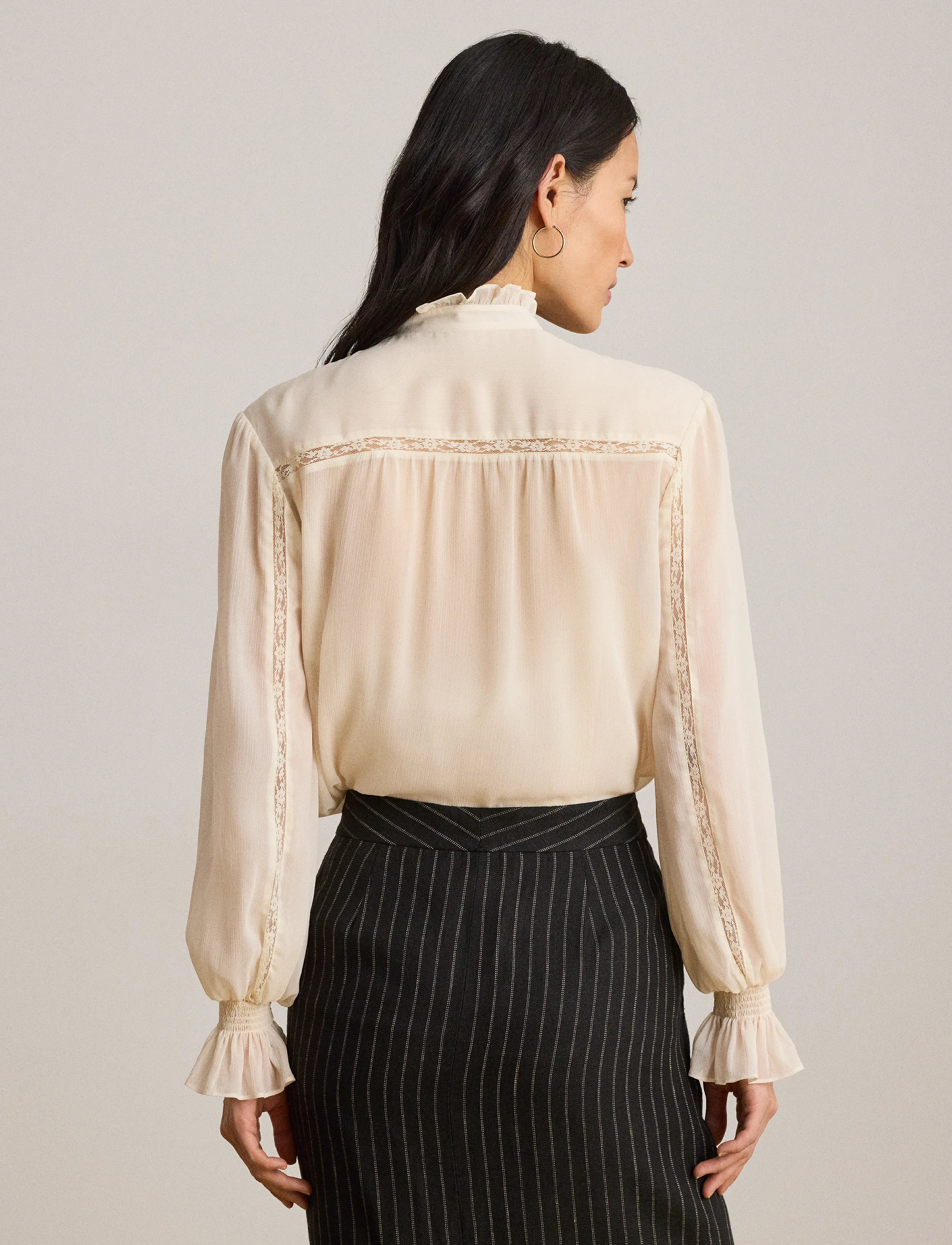 Lauren Ralph Lauren - Lace-Trim Crinkle Georgette Blouse - langärmelige blusen - mascarpone cream - 5
