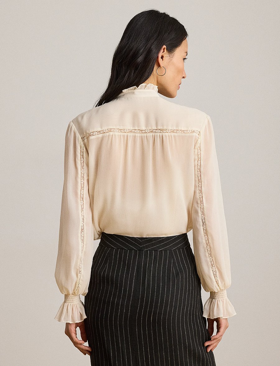 Lauren Ralph Lauren - Lace-Trim Crinkle Georgette Blouse - langärmelige blusen - mascarpone cream - 5
