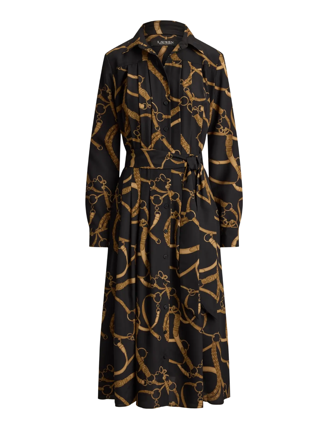 Lauren Ralph Lauren - Belting-Print Pleated Crepe Shirtdress - black/tan - 1