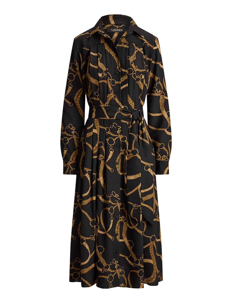 Lauren Ralph Lauren - Belting-Print Pleated Crepe Shirtdress - black/tan - 1