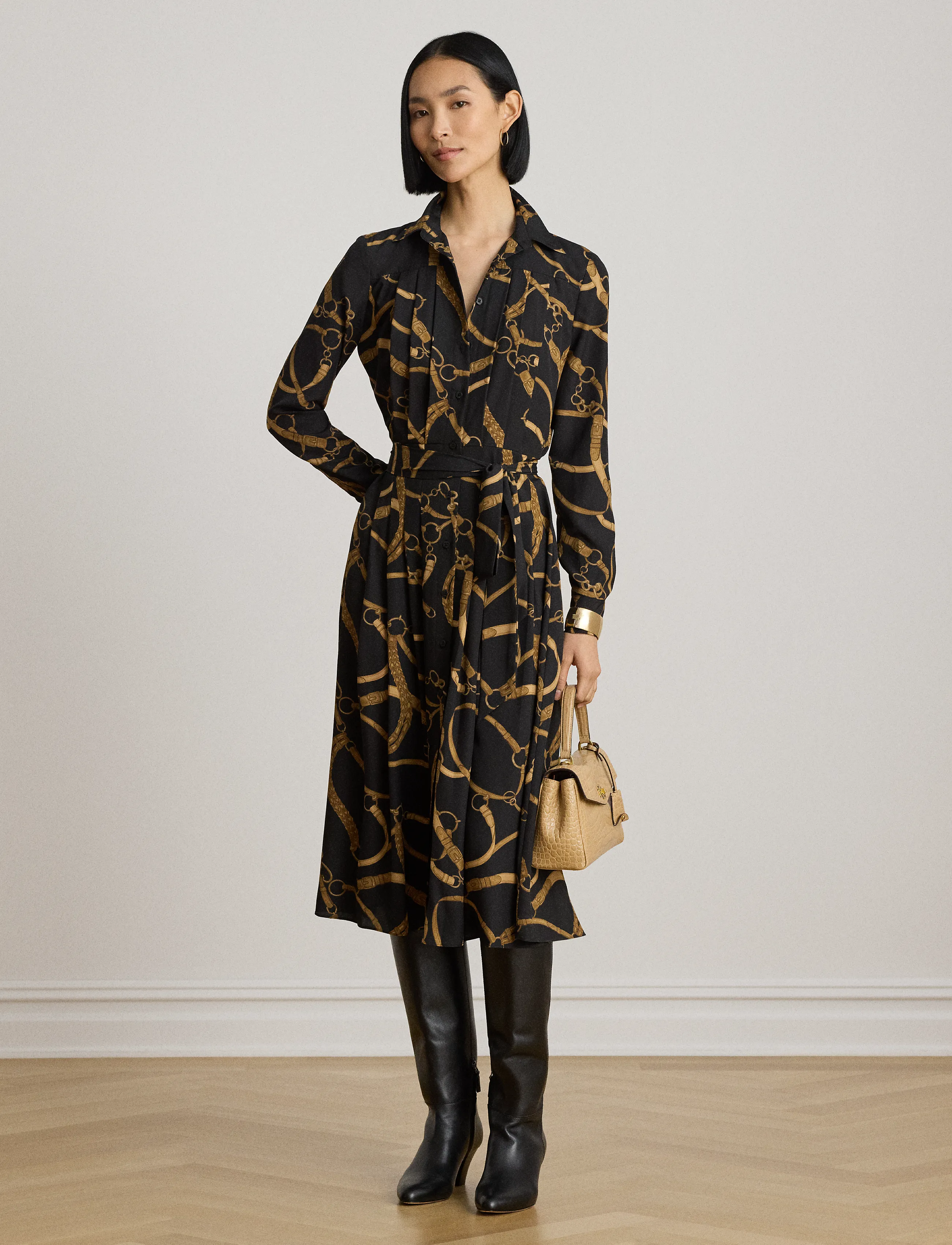 Lauren Ralph Belting-Print Pleated Crepe Shirtdress, 36, Dresses, Schwarz - Knee-length & Midi, Frauen