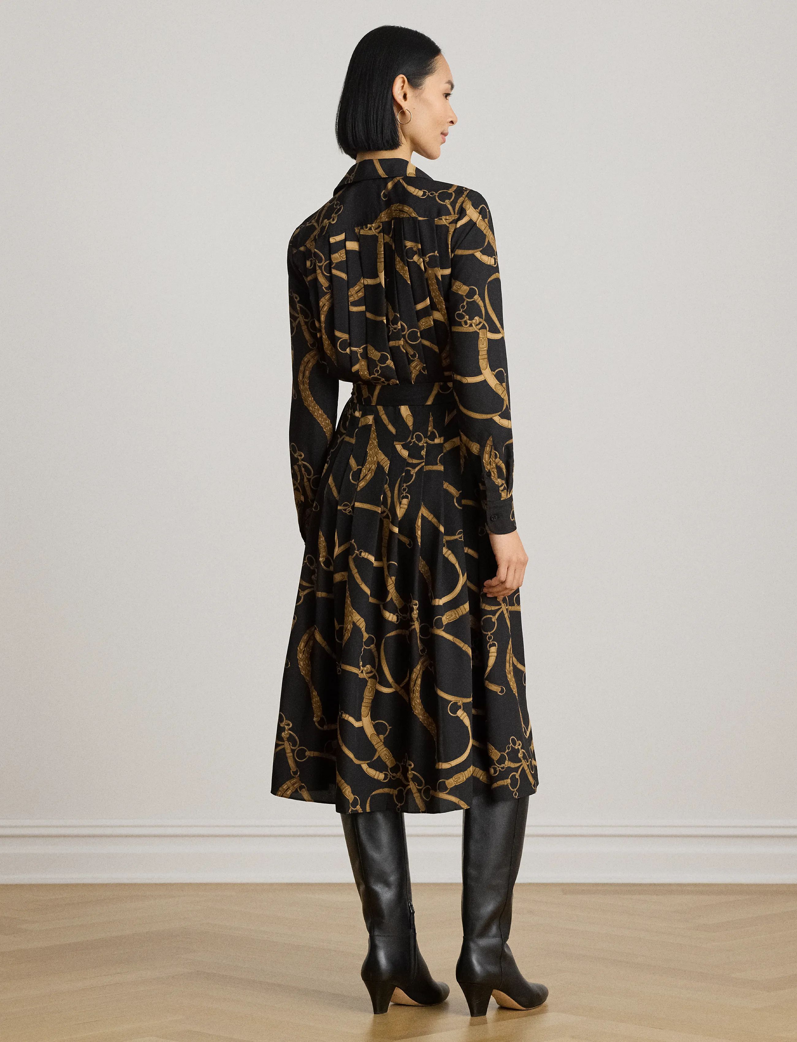 Lauren Ralph Lauren - Belting-Print Pleated Crepe Shirtdress - black/tan - 2