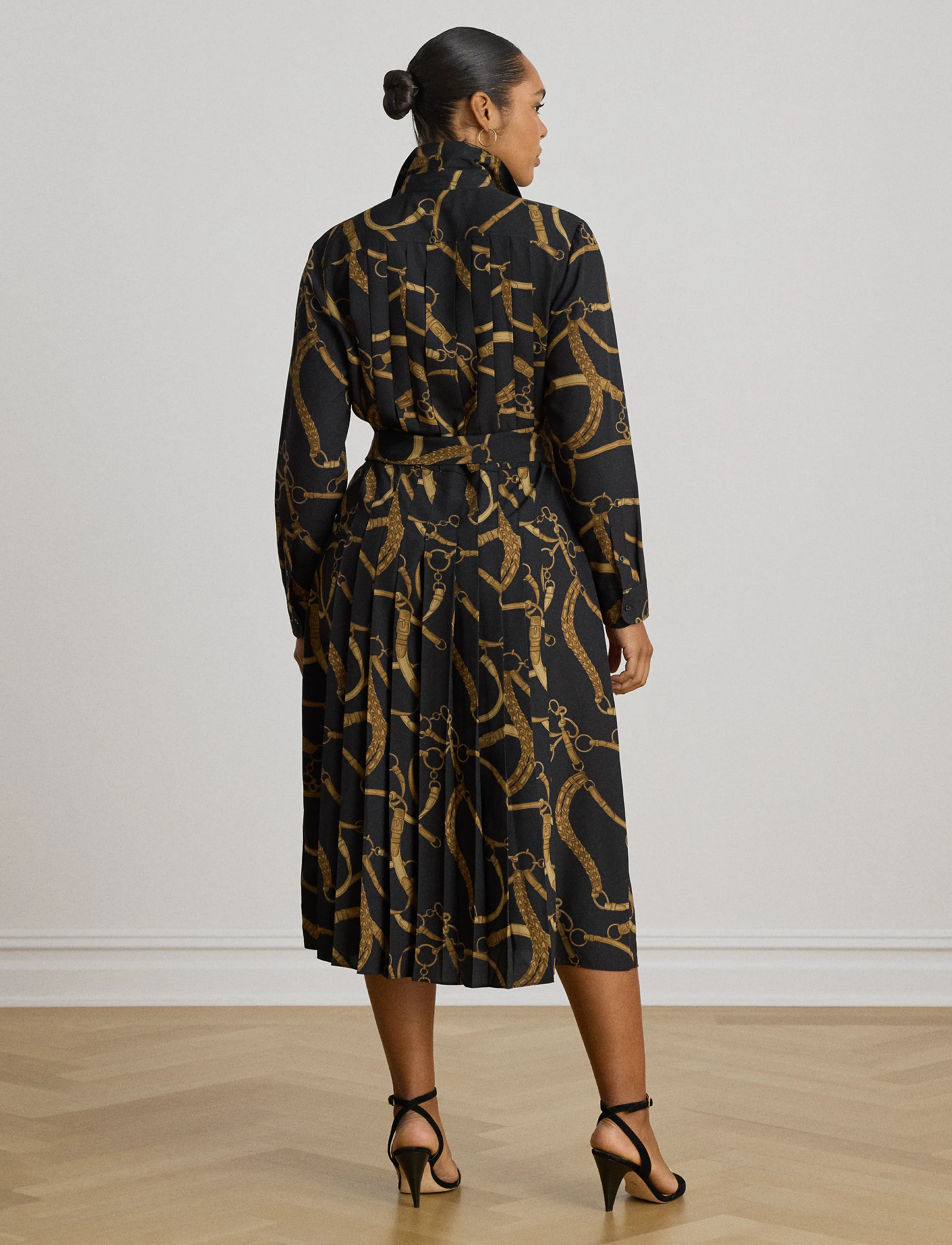 Lauren Ralph Lauren - Belting-Print Pleated Crepe Shirtdress - black/tan - 3