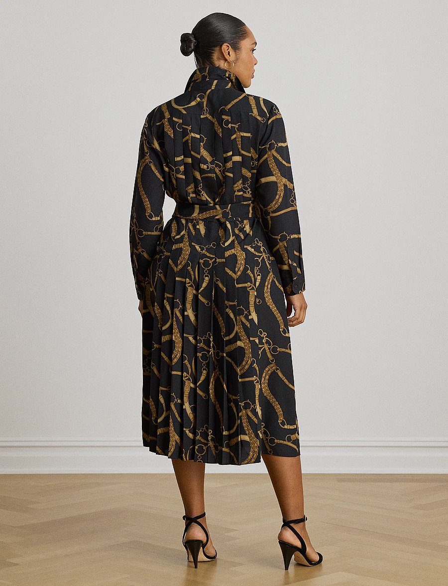 Lauren Ralph Lauren - Belting-Print Pleated Crepe Shirtdress - black/tan - 3
