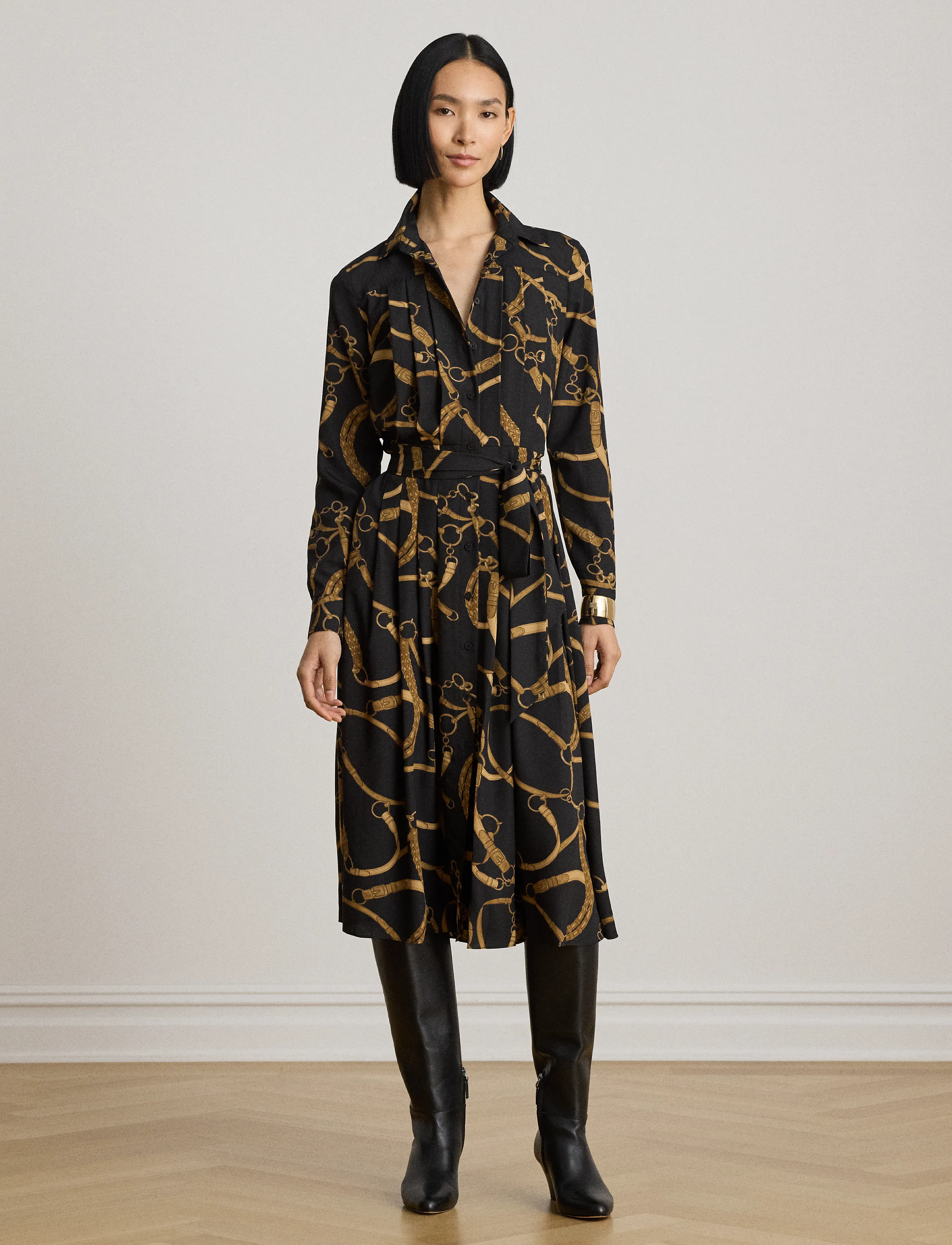 Lauren Ralph Lauren - Belting-Print Pleated Crepe Shirtdress - black/tan - 4