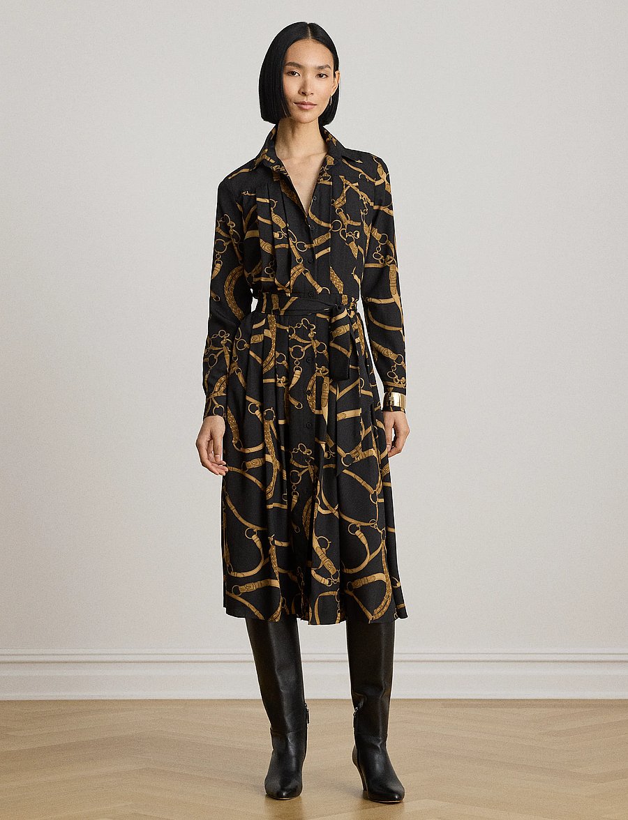 Lauren Ralph Lauren - Belting-Print Pleated Crepe Shirtdress - black/tan - 4
