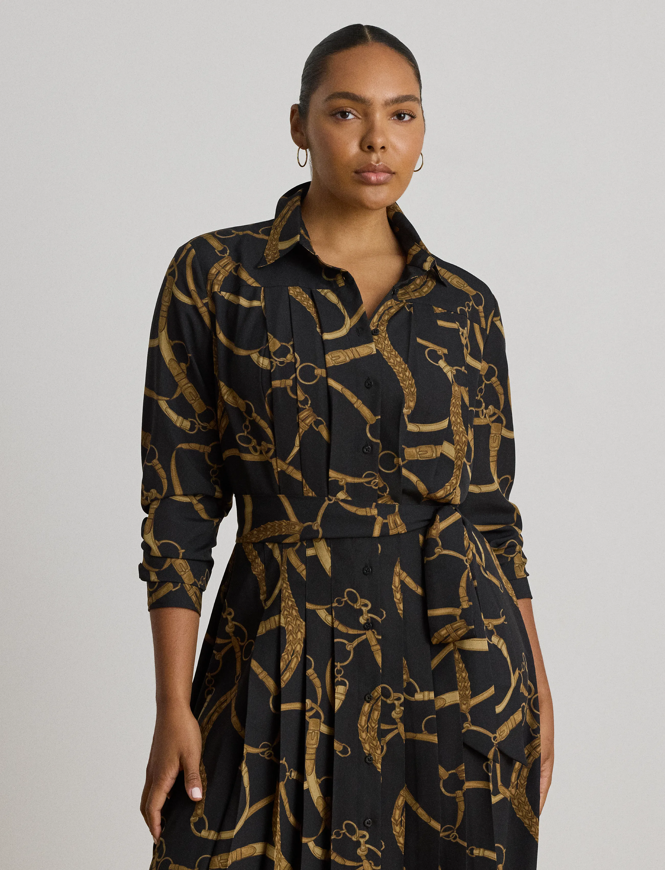 Lauren Ralph Lauren - Belting-Print Pleated Crepe Shirtdress - black/tan - 5