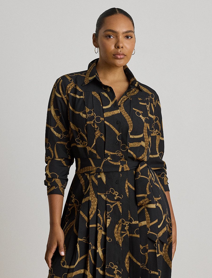 Lauren Ralph Lauren - Belting-Print Pleated Crepe Shirtdress - black/tan - 5