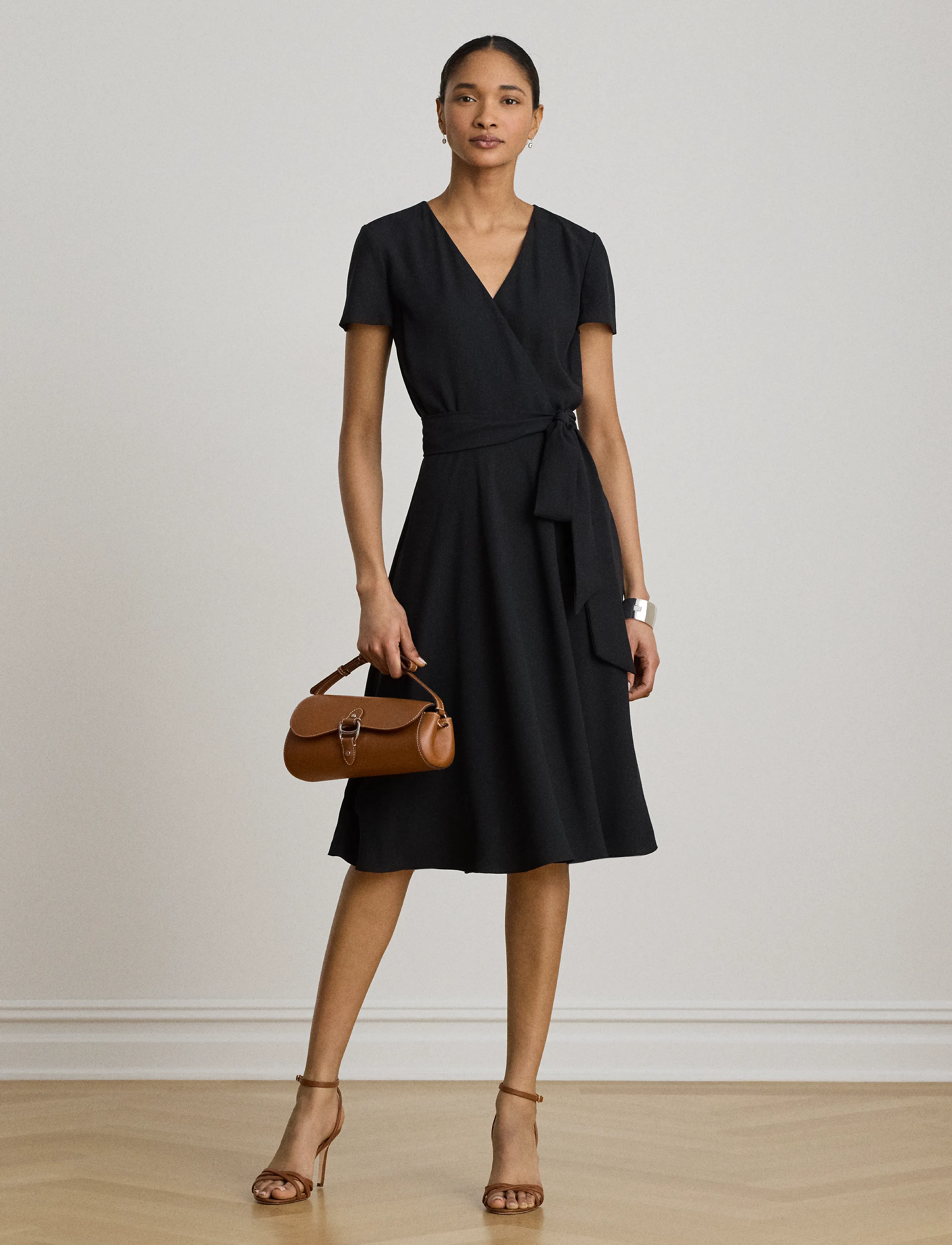 Lauren Ralph Lauren Belted Georgette Surplice Dress, 38, Black, Kjoler > Knælange Og Midi, Dame
