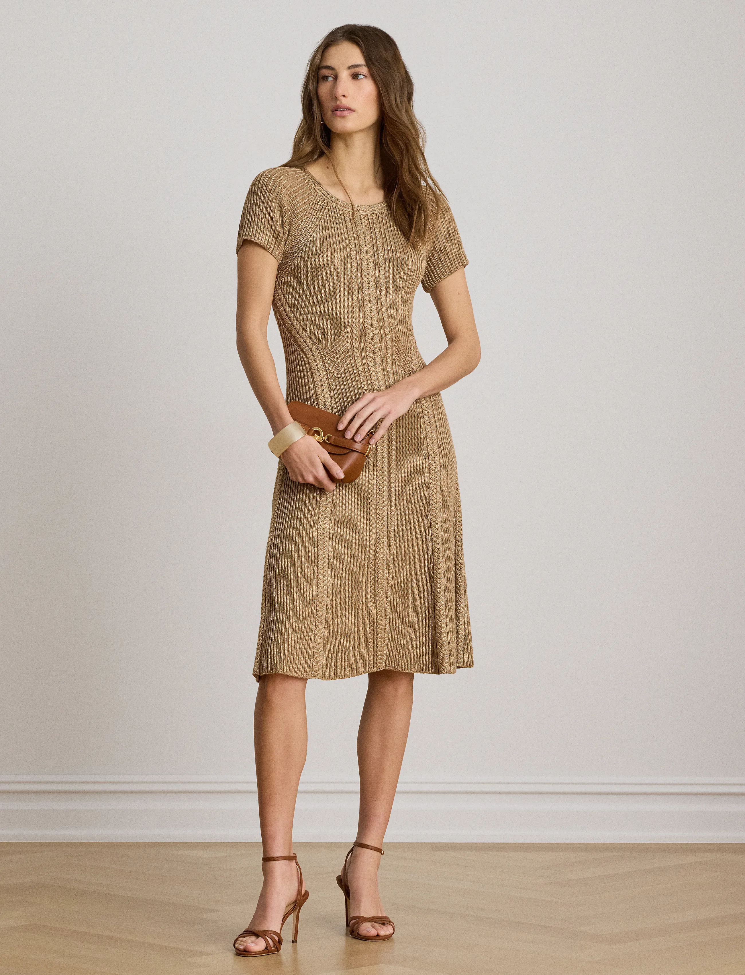 Lauren Ralph Lauren Cable & Rib-Knit Short-Sleeve Dress - Tøj - LAUREN GOLD METAL / brown