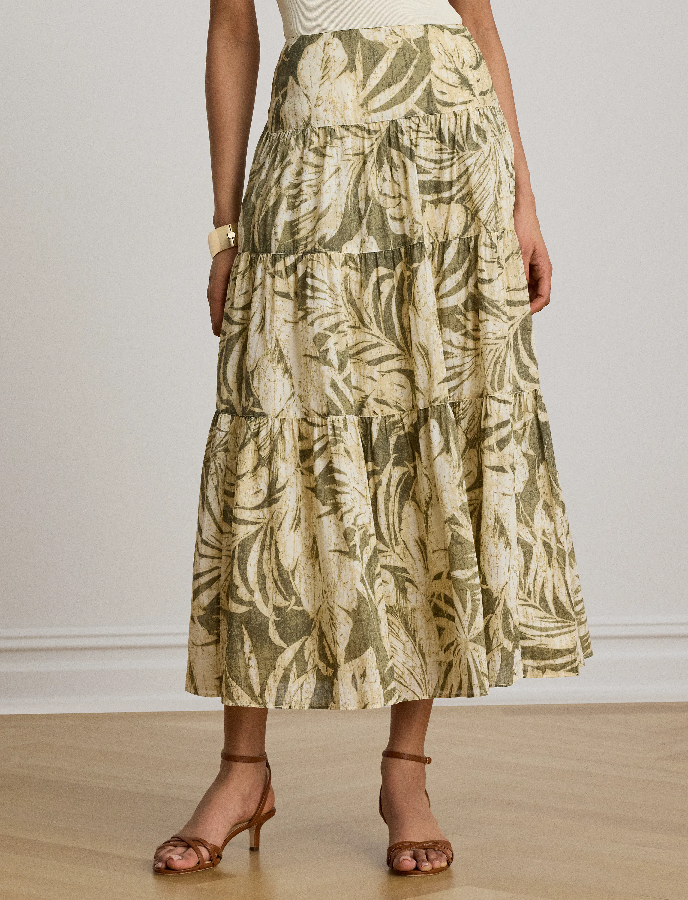 Lauren Ralph Lauren Palm-Frond-Print Voile Tiered Skirt, Kvinder, Etageskørt, Kakigrøn, Str: 34