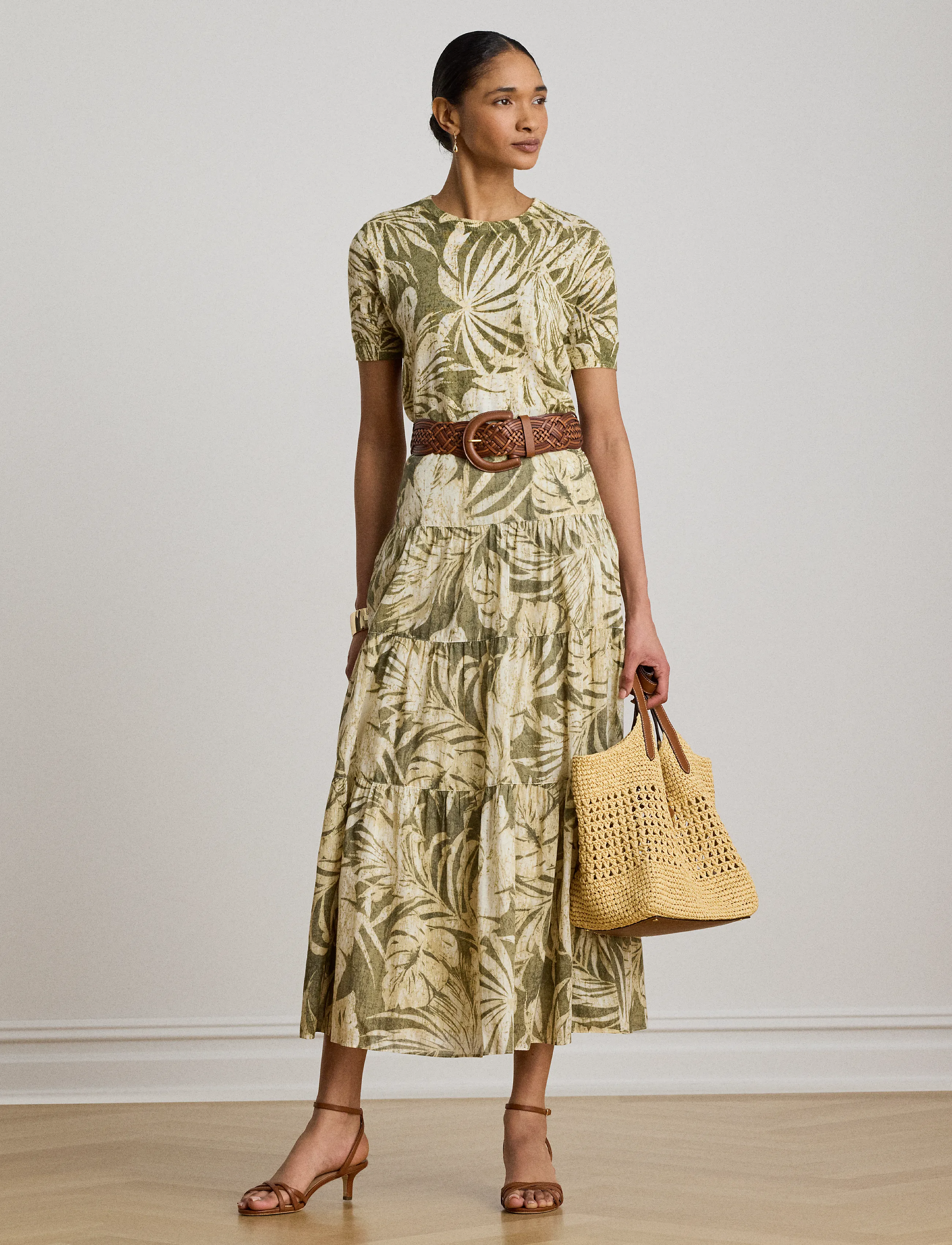 Lauren Ralph Lauren - Palm-Frond-Print Voile Tiered Skirt - maxi röcke - olive multi - 4