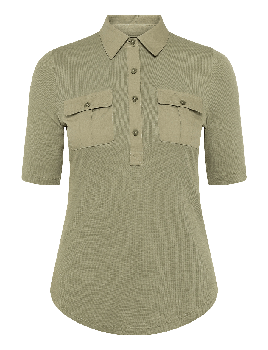 Lauren Ralph Lauren - Rib-Knit Elbow-Sleeve Collared Top - t-shirts - light agave - 1