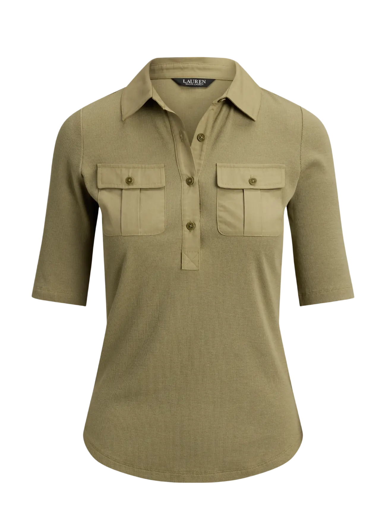 Lauren Ralph Lauren Rib-Knit Elbow-Sleeve Collared Top - Riided - LIGHT AGAVE / khaki/green