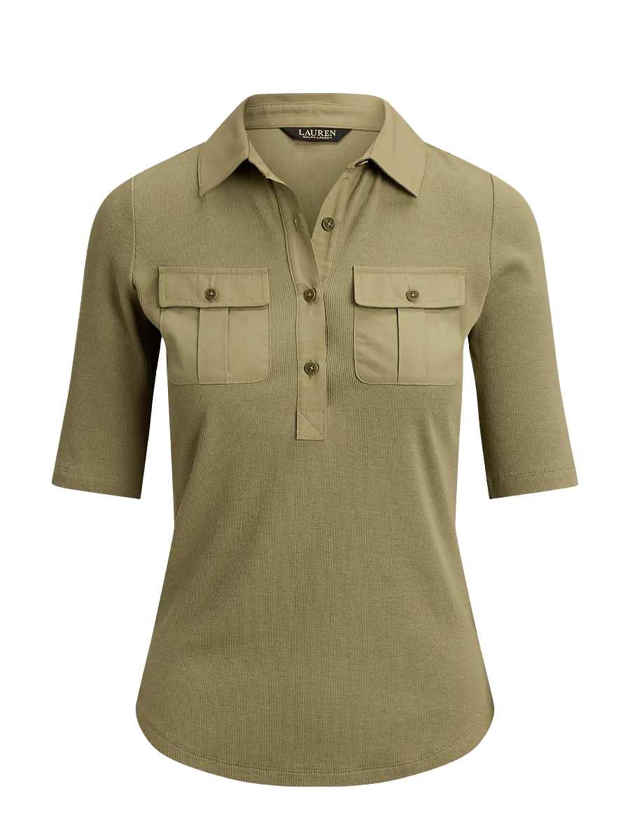 Lauren Ralph Lauren - Rib-Knit Elbow-Sleeve Collared Top - t-shirts - light agave - 1