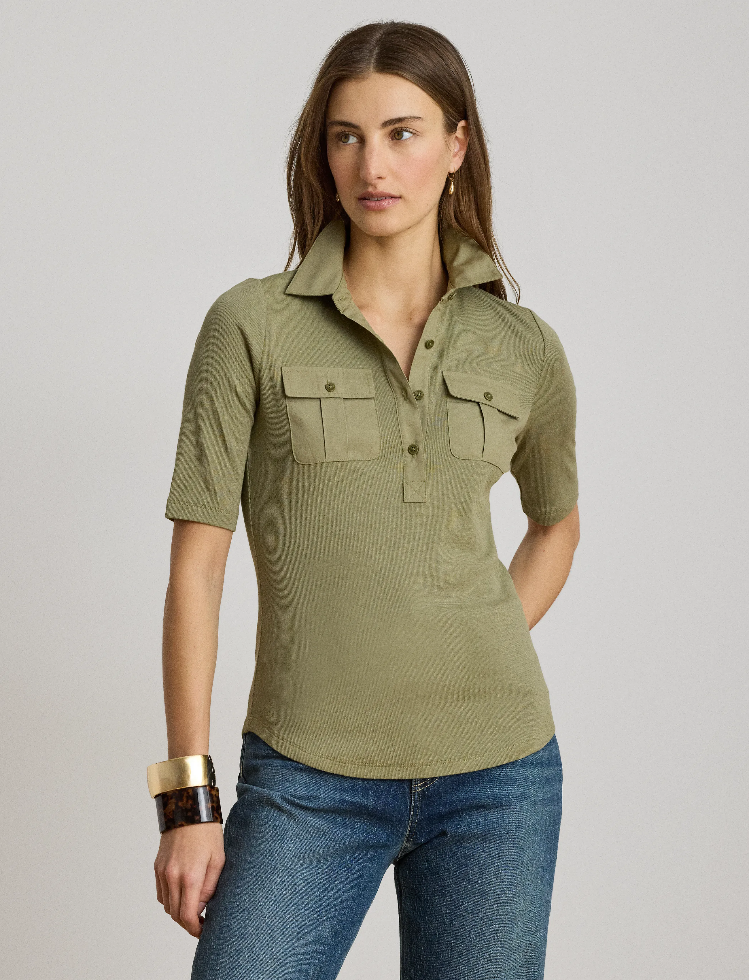 Lauren Ralph Lauren - Rib-Knit Elbow-Sleeve Collared Top - light agave - 0