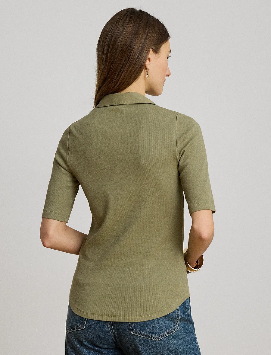 Lauren Ralph Lauren - Rib-Knit Elbow-Sleeve Collared Top - t-shirts - light agave - 2