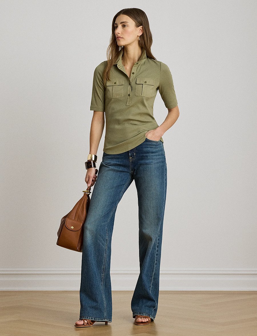 Lauren Ralph Lauren - Rib-Knit Elbow-Sleeve Collared Top - t-shirts - light agave - 4